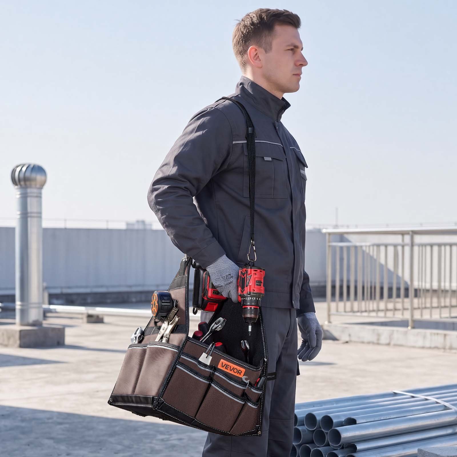VEVOR Bolsa de Herramientas de 330 mm con 45 Bolsillos, Apertura Superior, Bolsa Organizadora Portátil con Correa de Hombro Ajustable, Asa, Cremallera Grande para Electricistas Mecánicos Contratistas