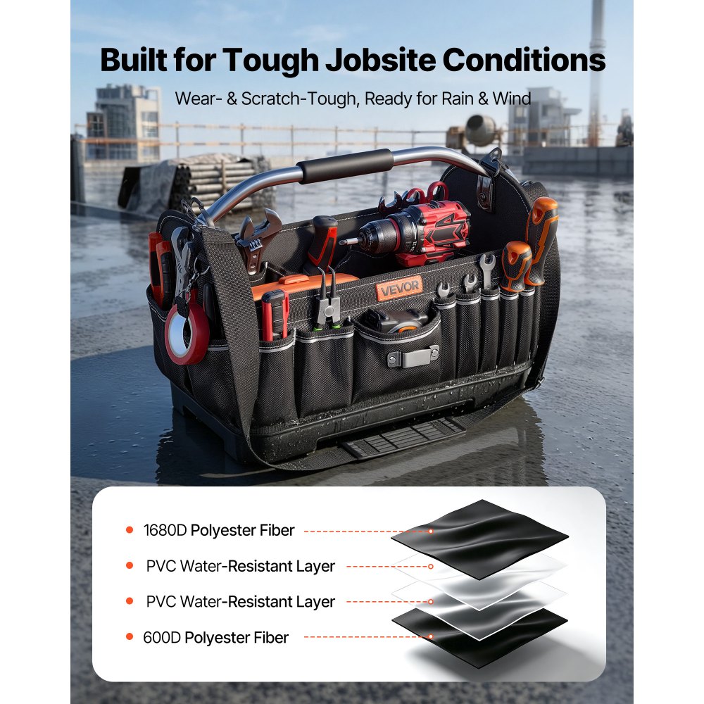 VEVOR Bolsa de Herramientas de 410 mm con 33 Bolsillos, Apertura Superior, Bolsa Organizadora Portátil con Correa Ajustable, Base, Asa, Cremallera Grande para Mecánicos Contratistas Electricistas