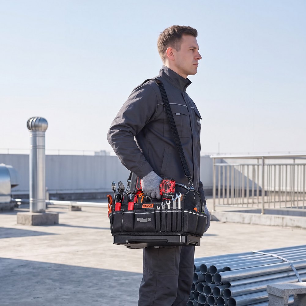 VEVOR Bolsa de Herramientas de 410 mm con 33 Bolsillos, Apertura Superior, Bolsa Organizadora Portátil con Correa Ajustable, Base, Asa, Cremallera Grande para Mecánicos Contratistas Electricistas