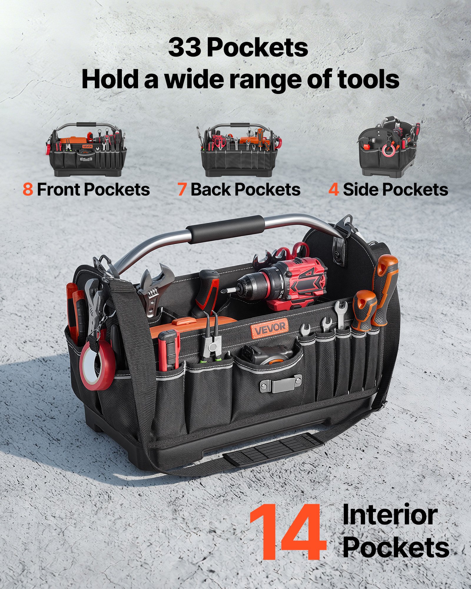 VEVOR Bolsa de Herramientas de 410 mm con 33 Bolsillos, Apertura Superior, Bolsa Organizadora Portátil con Correa Ajustable, Base, Asa, Cremallera Grande para Mecánicos Contratistas Electricistas