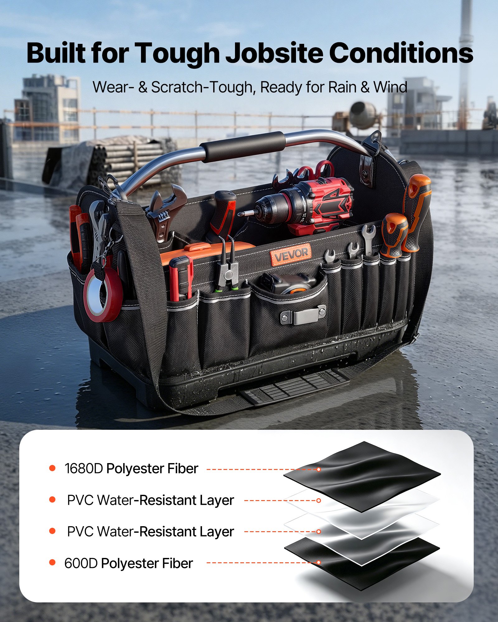 VEVOR Bolsa de Herramientas de 410 mm con 33 Bolsillos, Apertura Superior, Bolsa Organizadora Portátil con Correa Ajustable, Base, Asa, Cremallera Grande para Mecánicos Contratistas Electricistas