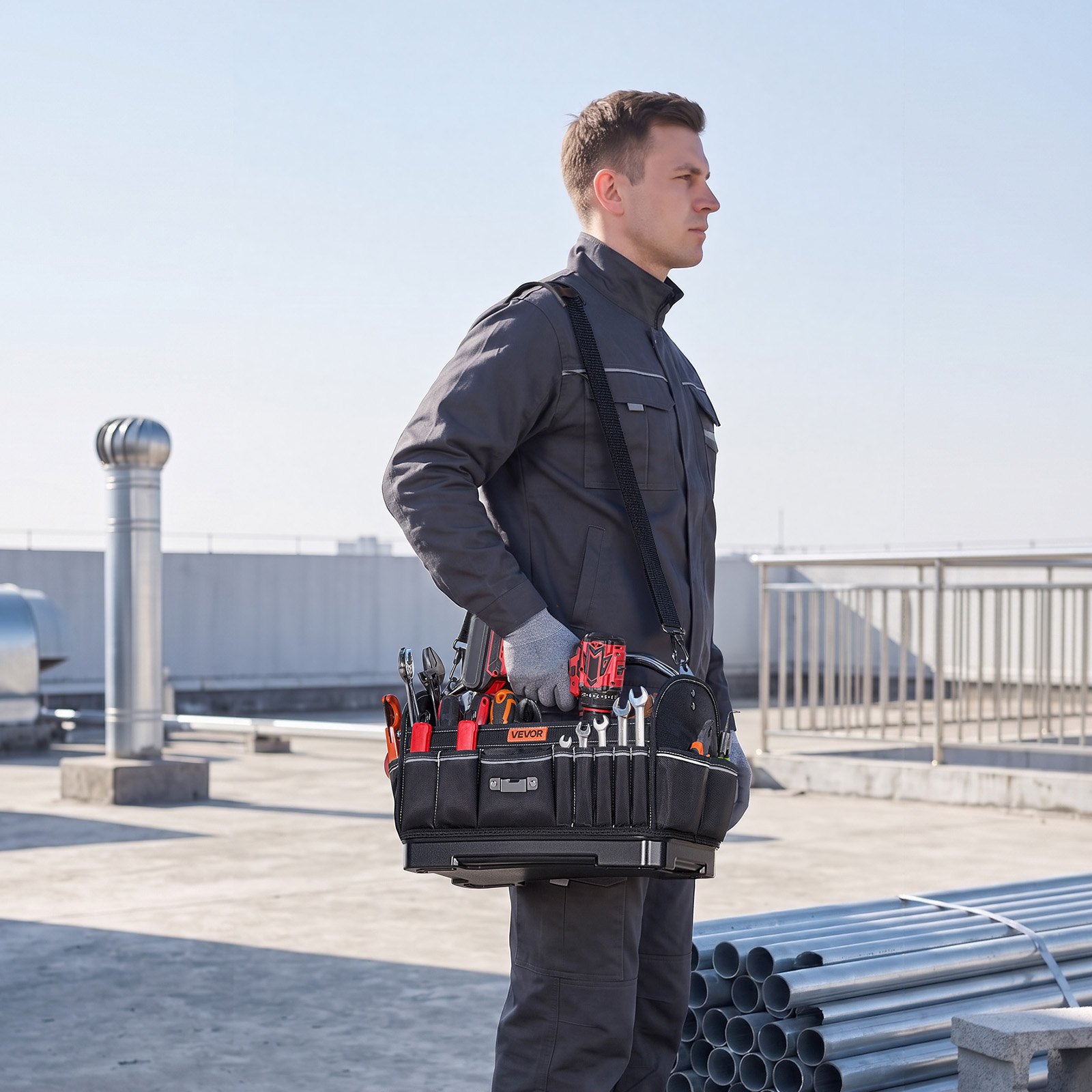 VEVOR Bolsa de Herramientas de 410 mm con 33 Bolsillos, Apertura Superior, Bolsa Organizadora Portátil con Correa Ajustable, Base, Asa, Cremallera Grande para Mecánicos Contratistas Electricistas
