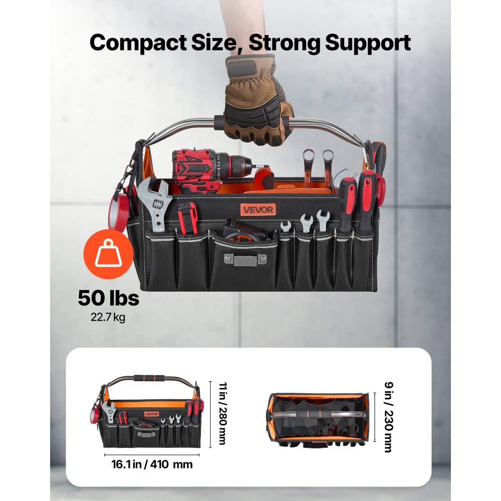 VEVOR Bolsa de Herramientas de 410 mm con 33 Bolsillos, Apertura Superior, Bolsa Organizadora Portátil con Correa de Hombro Ajustable, Asa, Cremallera Grande para Mecánicos Electricistas Contratistas