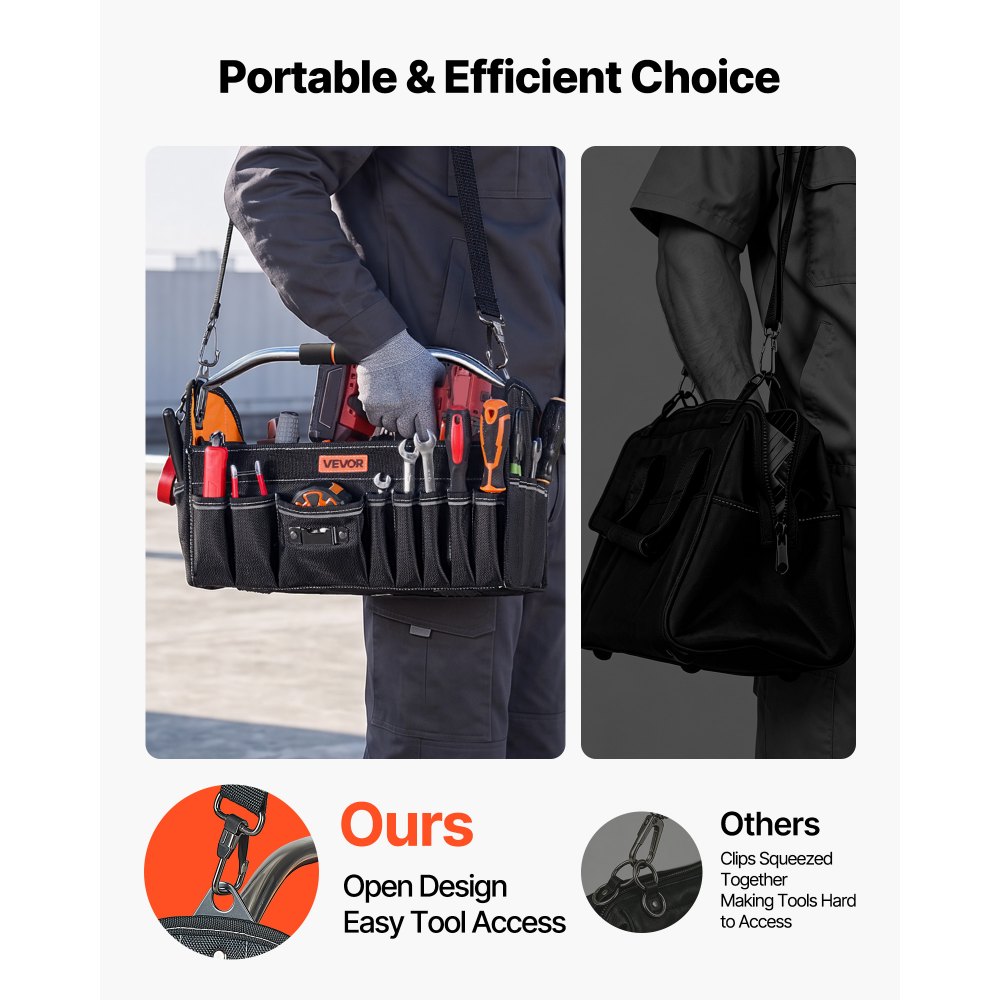 VEVOR Bolsa de Herramientas de 410 mm con 33 Bolsillos, Apertura Superior, Bolsa Organizadora Portátil con Correa de Hombro Ajustable, Asa, Cremallera Grande para Mecánicos Electricistas Contratistas