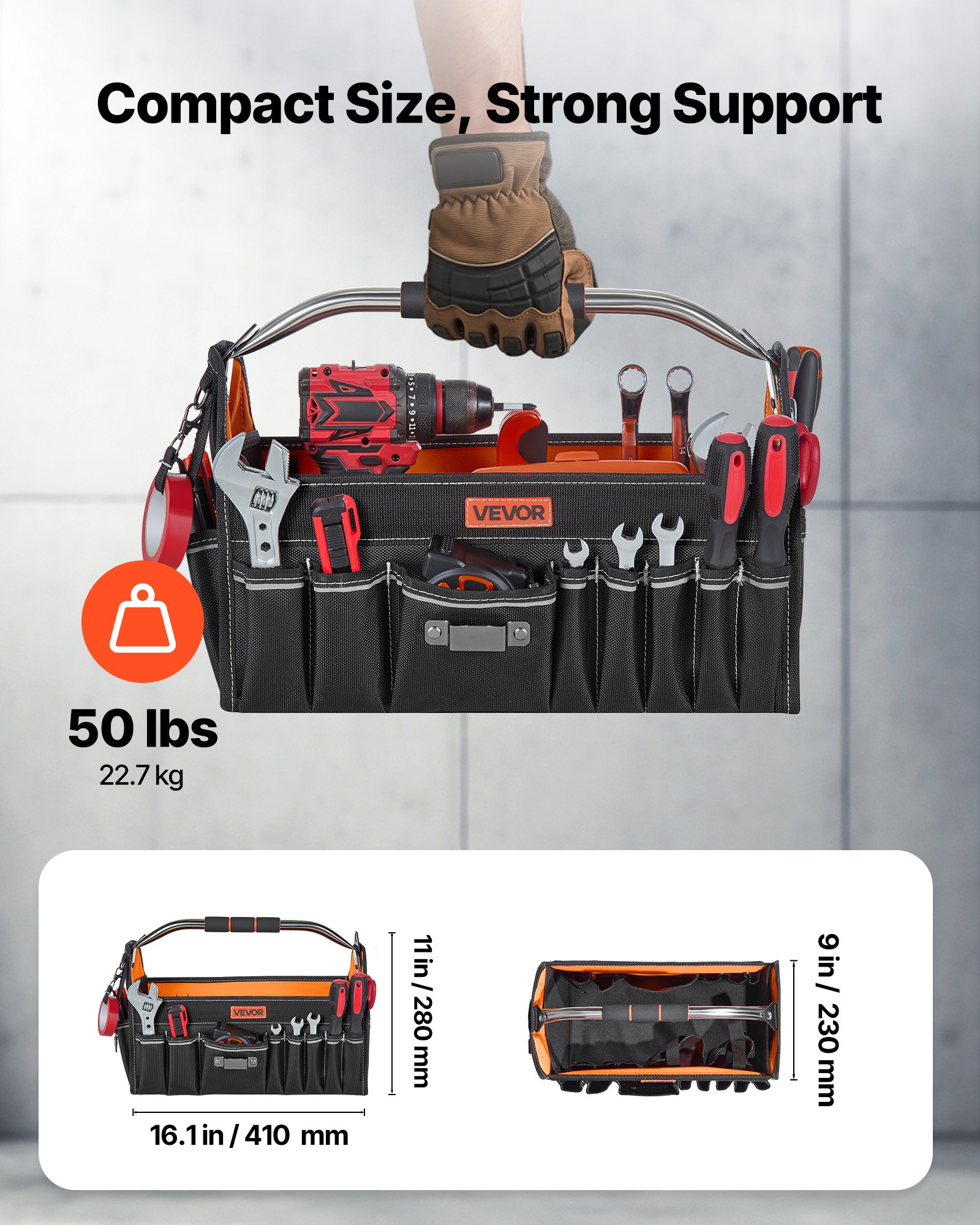 VEVOR Bolsa de Herramientas de 410 mm con 33 Bolsillos, Apertura Superior, Bolsa Organizadora Portátil con Correa de Hombro Ajustable, Asa, Cremallera Grande para Mecánicos Electricistas Contratistas