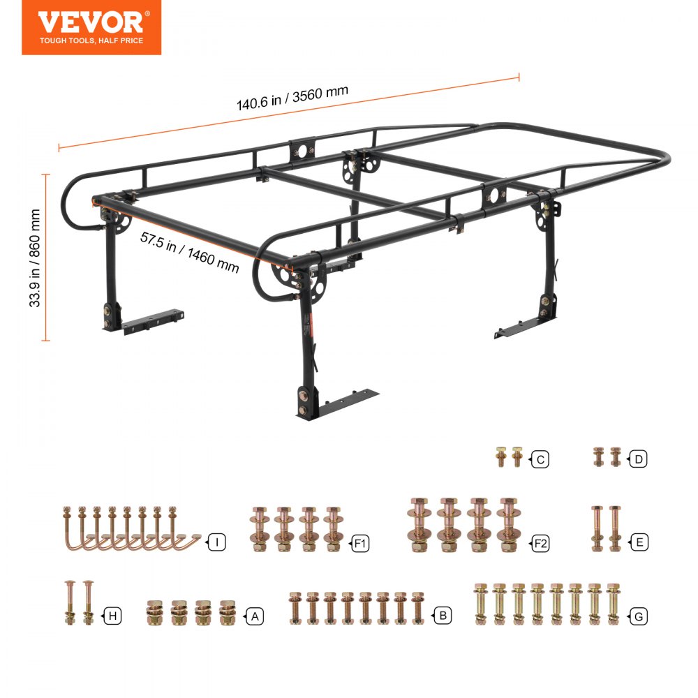 VEVOR Ladder Rack for Trucks, 454 kg Load Capacity, Truck Shelves, Drill-Free Installation for Long or Heavy Loads, Roof Rack, Roof Shelf 110-160 cm Adjustable Width for Kayaks, Ladders, Surfboards, Lumber