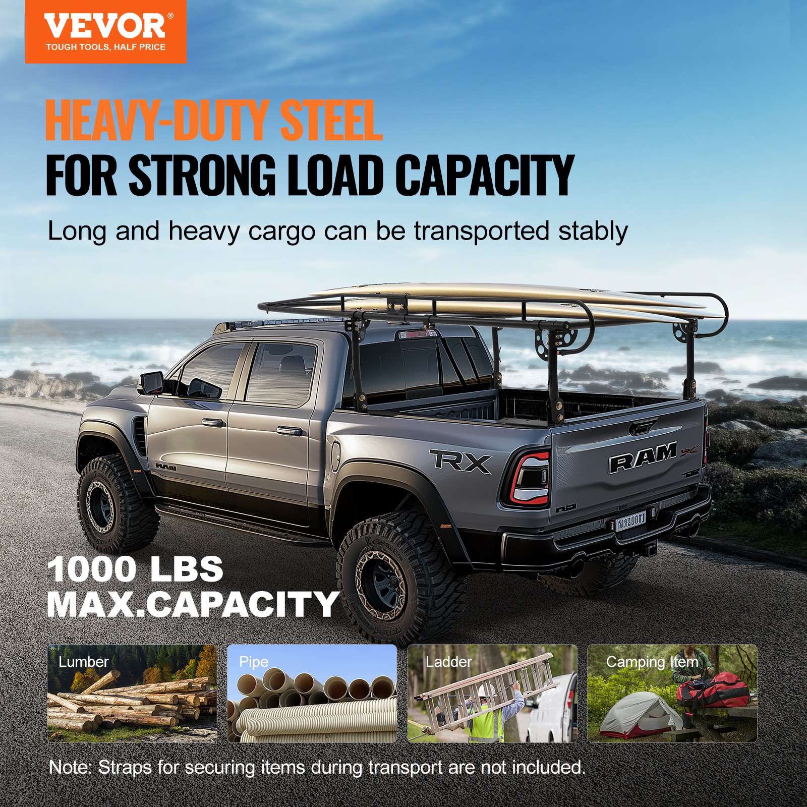 VEVOR Ladder Rack for Trucks, 454 kg Load Capacity, Truck Shelves, Drill-Free Installation for Long or Heavy Loads, Roof Rack, Roof Shelf 110-160 cm Adjustable Width for Kayaks, Ladders, Surfboards, Lumber