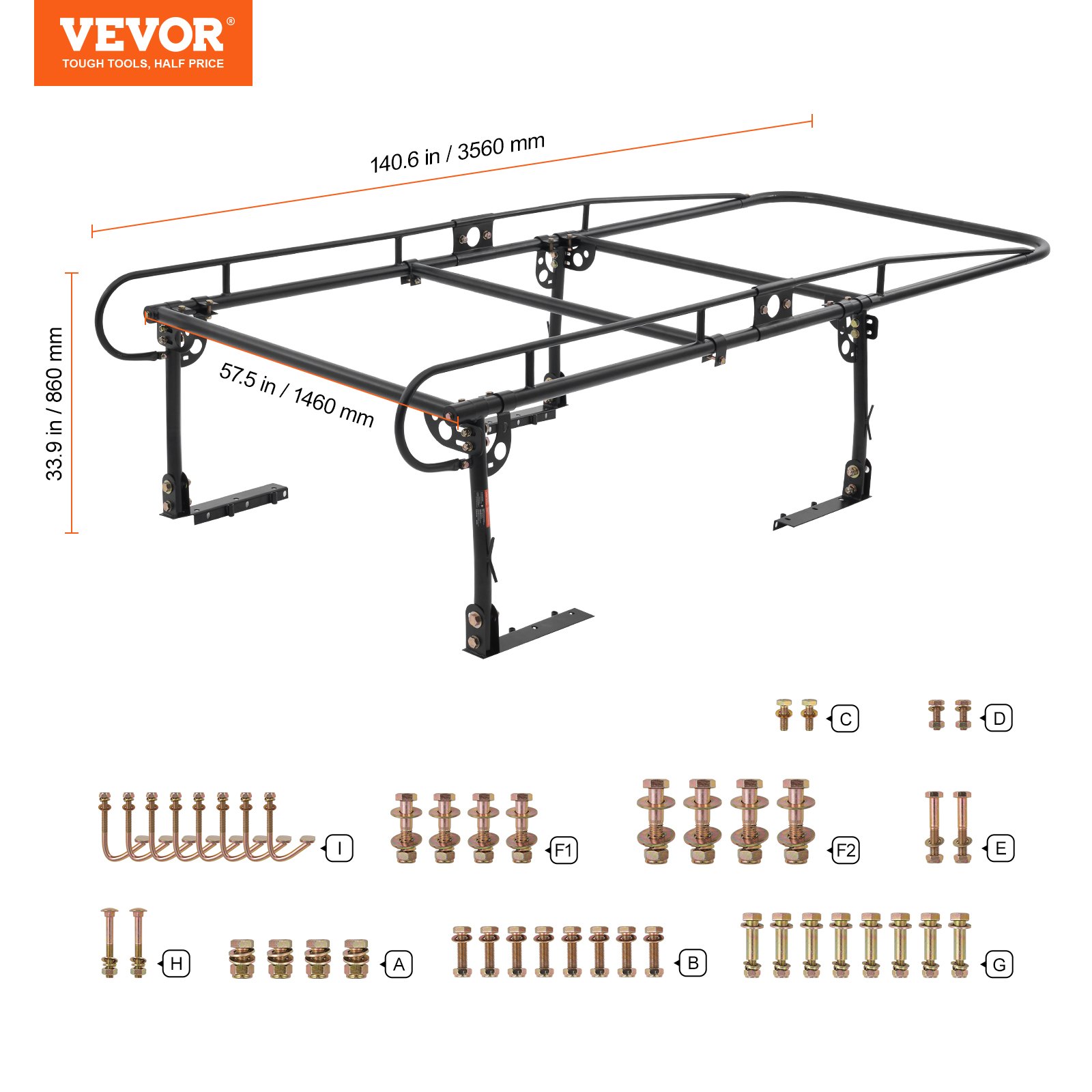 VEVOR Ladder Rack for Trucks, 454 kg Load Capacity, Truck Shelves, Drill-Free Installation for Long or Heavy Loads, Roof Rack, Roof Shelf 110-160 cm Adjustable Width for Kayaks, Ladders, Surfboards, Lumber
