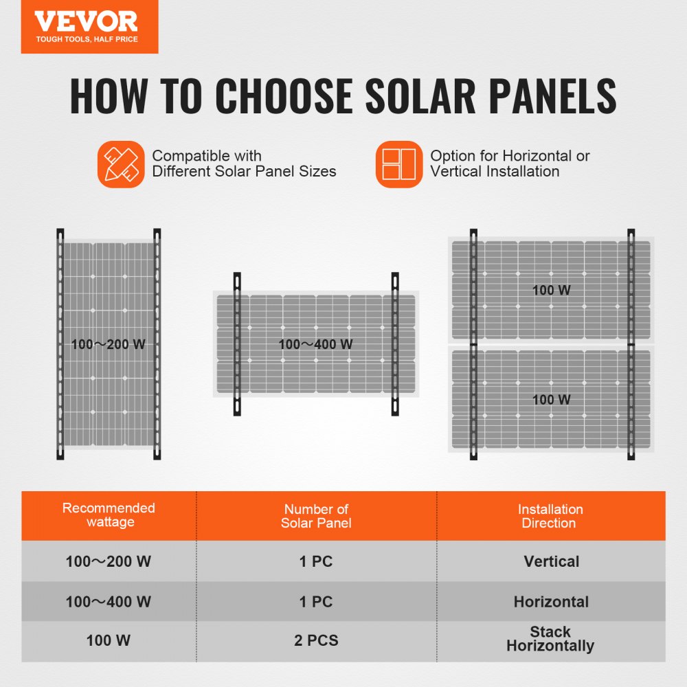 VEVOR Soporte de Panel Solar 114 cm 100-400 W Montaje de Panel Solar Inclinación Ajustable de 0 a 90° Aluminio Ligero con Patas Plegables para RV, Techo, Barcos, Sistema Fuera de la Red 2 Piezas