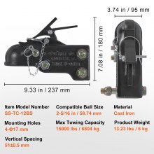 VEVOR Cabezal de Enganche de Remolque para Bola 58,74mm Capacidad de Carga de 6804kg Acoplador de Remolque de Hierro Fundido con Kit de Hardware para Autocaravana, Furgoneta, SUV, Revestimiento, Negro