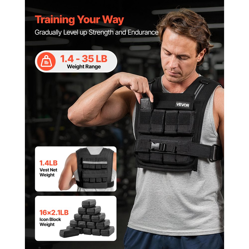 VEVOR Chaleco Lastrado Ajustable 0,63-16 kg, Chaleco Ponderado con 16 Bloques de Hierro Extraíbles de 0,95 kg, Tira Reflectante, para Entrenamiento de Fuerza, Correr, Fitness, Desarrollo Muscular