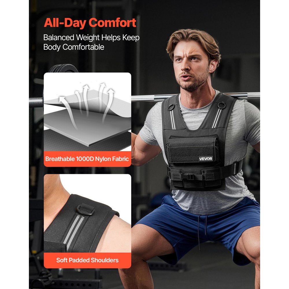 VEVOR Chaleco Lastrado Ajustable 0,63-16 kg, Chaleco Ponderado con 16 Bloques de Hierro Extraíbles de 0,95 kg, Tira Reflectante, para Entrenamiento de Fuerza, Correr, Fitness, Desarrollo Muscular