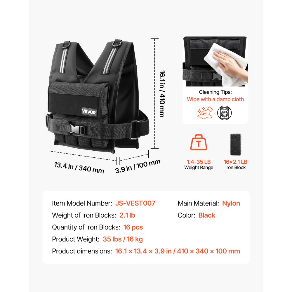 VEVOR Chaleco Lastrado Ajustable 0,63-16 kg, Chaleco Ponderado con 16 Bloques de Hierro Extraíbles de 0,95 kg, Tira Reflectante, para Entrenamiento de Fuerza, Correr, Fitness, Desarrollo Muscular