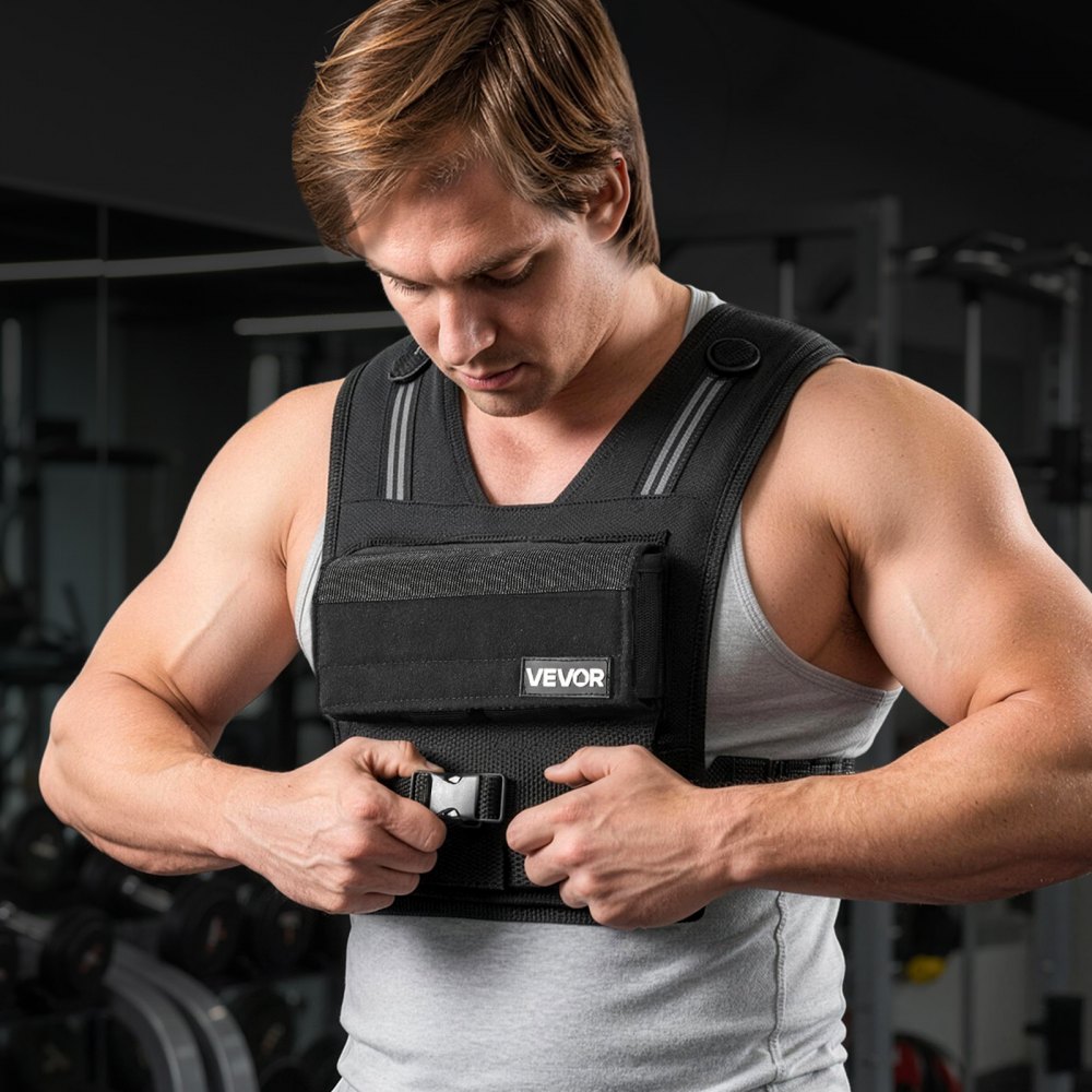 VEVOR Chaleco Lastrado Ajustable 0,63-16 kg, Chaleco Ponderado con 16 Bloques de Hierro Extraíbles de 0,95 kg, Tira Reflectante, para Entrenamiento de Fuerza, Correr, Fitness, Desarrollo Muscular