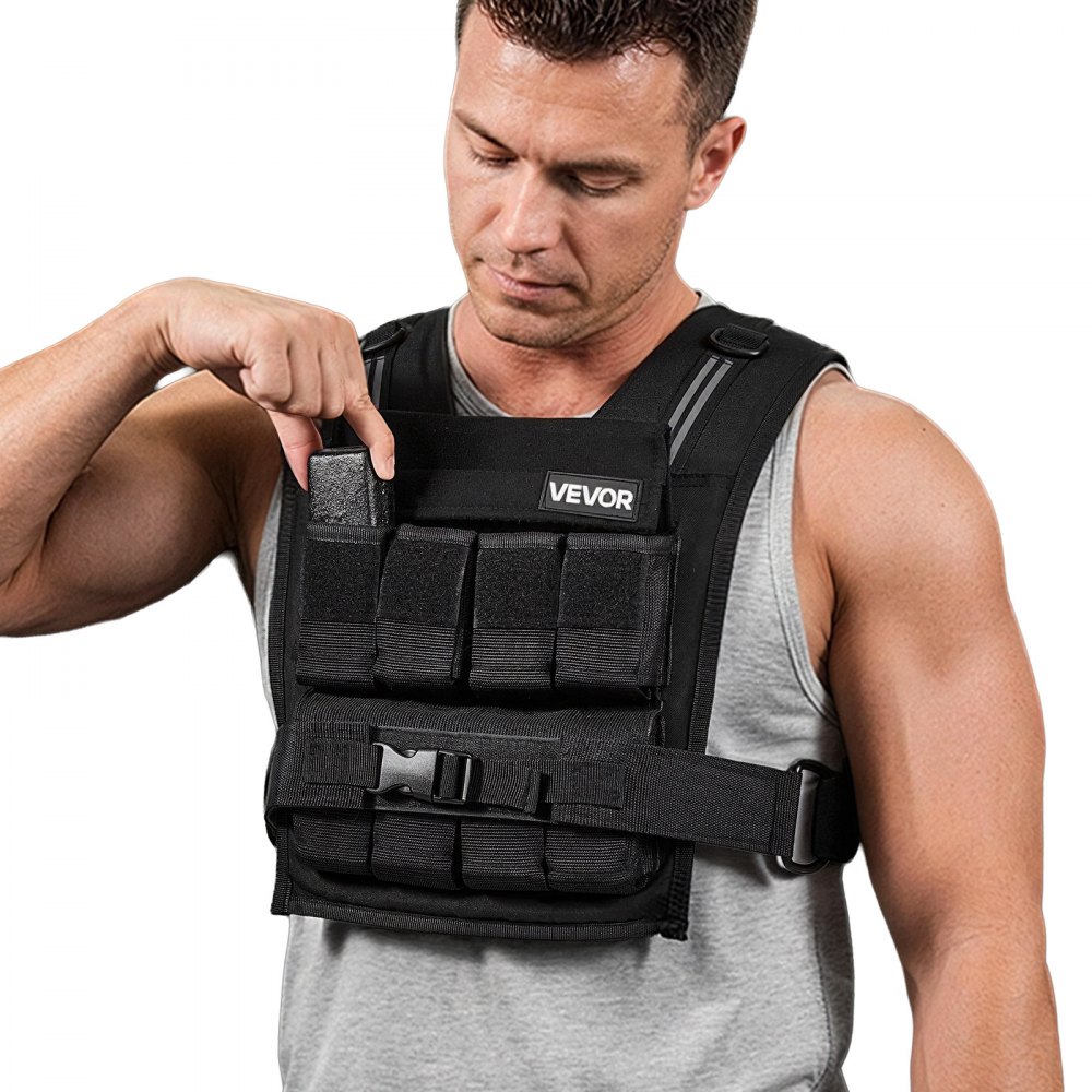 VEVOR Chaleco Lastrado Ajustable 0,63-16 kg, Chaleco Ponderado con 16 Bloques de Hierro Extraíbles de 0,95 kg, Tira Reflectante, para Entrenamiento de Fuerza, Correr, Fitness, Desarrollo Muscular