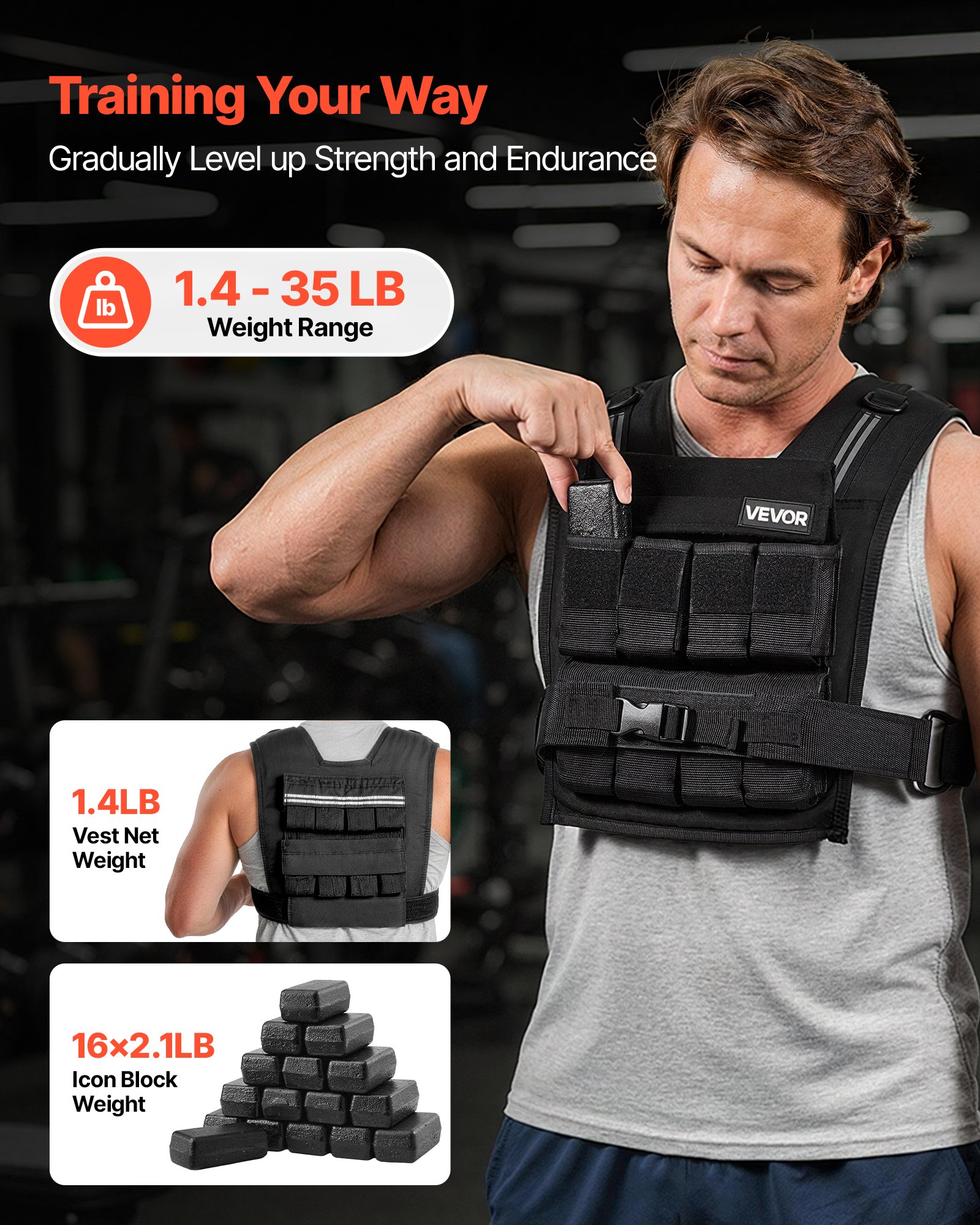 VEVOR Chaleco Lastrado Ajustable 0,63-16 kg, Chaleco Ponderado con 16 Bloques de Hierro Extraíbles de 0,95 kg, Tira Reflectante, para Entrenamiento de Fuerza, Correr, Fitness, Desarrollo Muscular