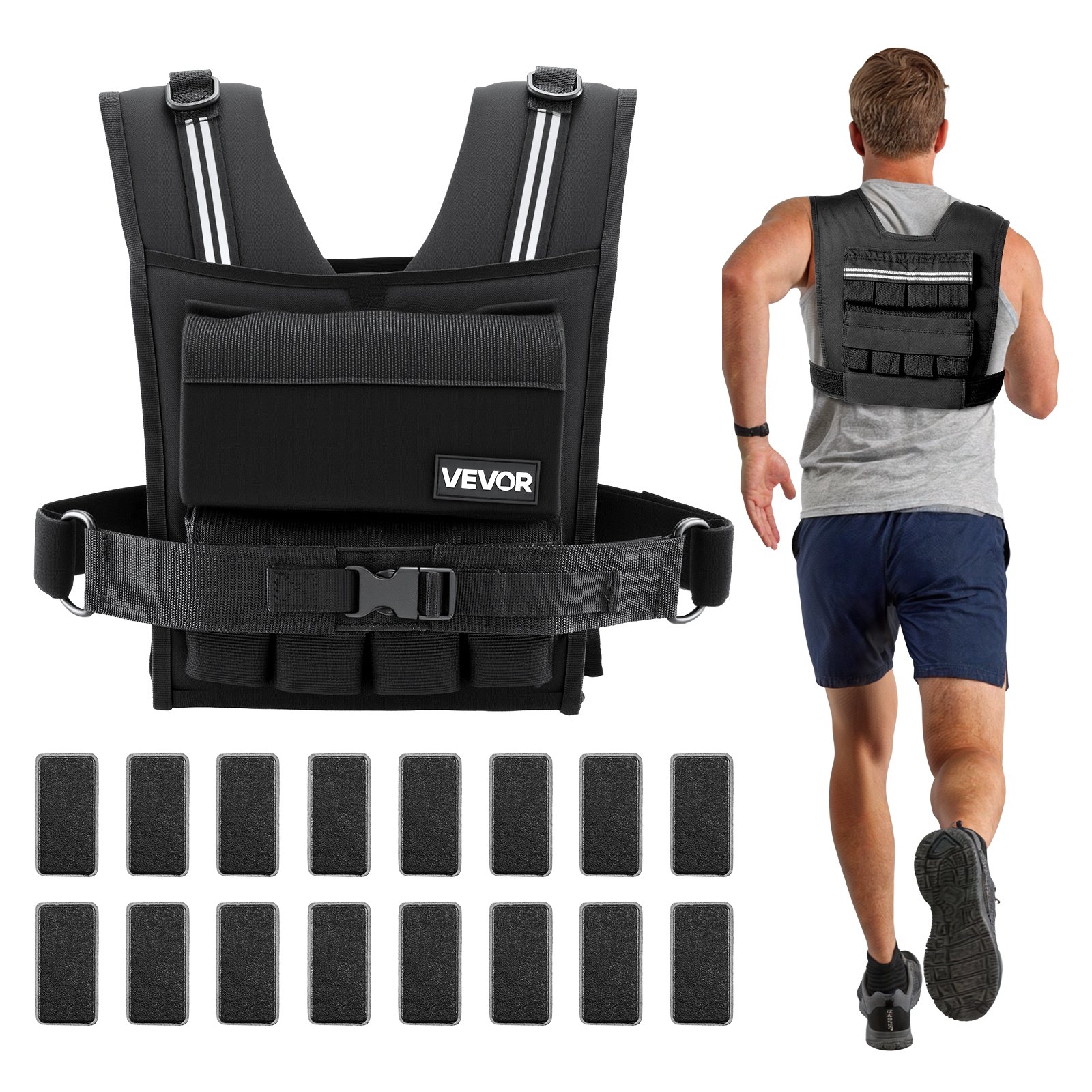 VEVOR Chaleco Lastrado Ajustable 0,63-16 kg, Chaleco Ponderado con 16 Bloques de Hierro Extraíbles de 0,95 kg, Tira Reflectante, para Entrenamiento de Fuerza, Correr, Fitness, Desarrollo Muscular