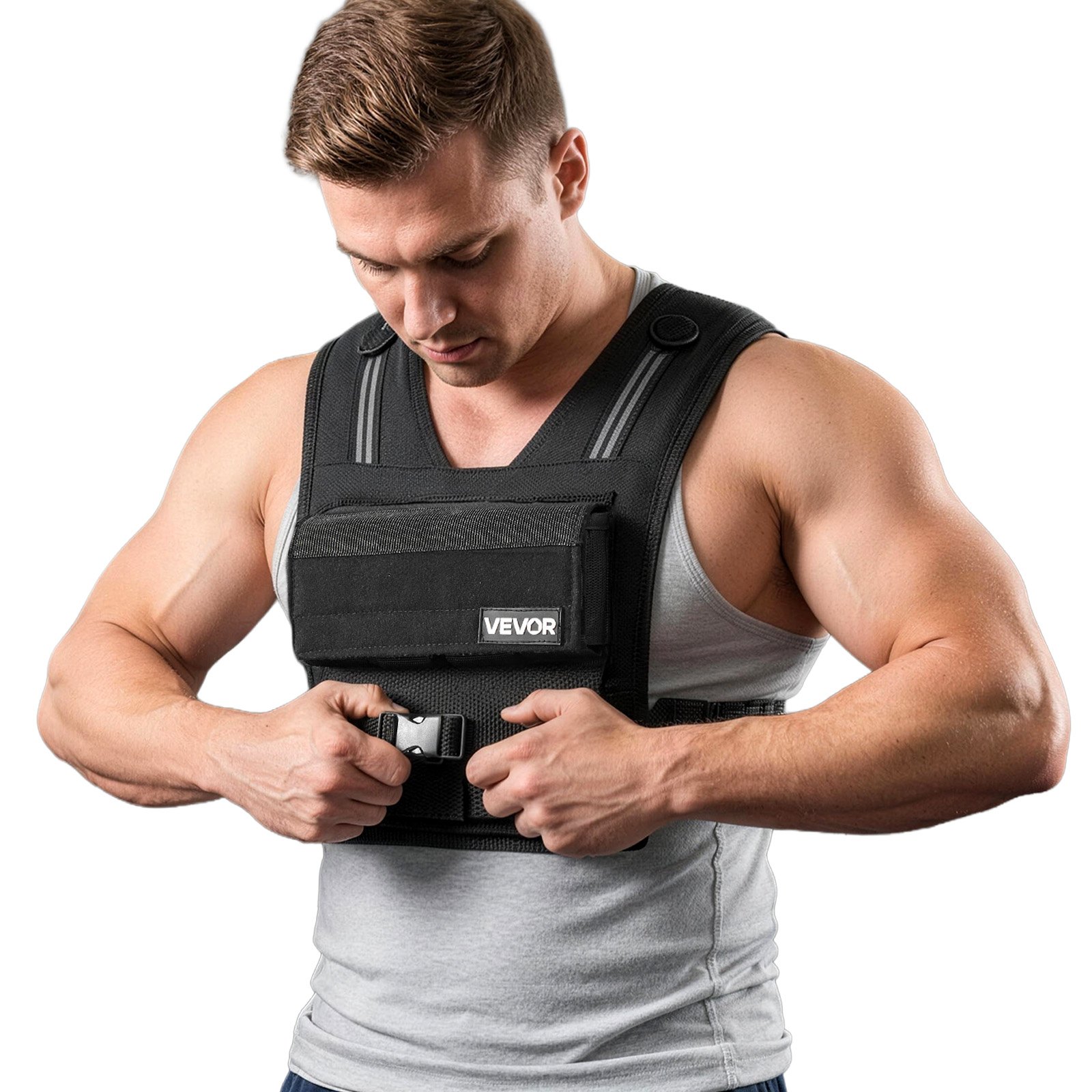 VEVOR Chaleco Lastrado Ajustable 0,63-16 kg, Chaleco Ponderado con 16 Bloques de Hierro Extraíbles de 0,95 kg, Tira Reflectante, para Entrenamiento de Fuerza, Correr, Fitness, Desarrollo Muscular