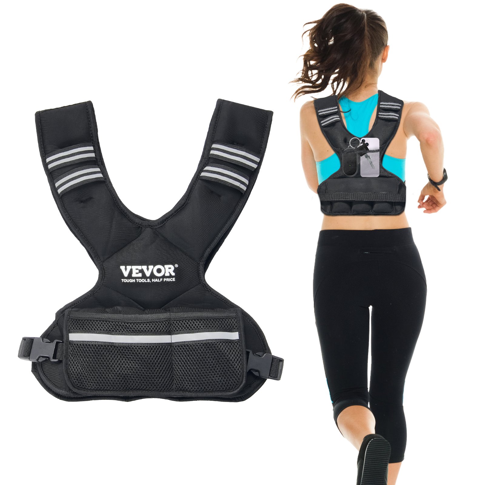VEVOR Chaleco con Peso Ajustable 5-9,1 kg con 6 Pesas de Hierro y Banda Reflectante, Conjunto de Ejercicios con Chaleco con Peso Corporal Unisex, Equipo para Entrenamiento de Fuerza, Correr y Trotar