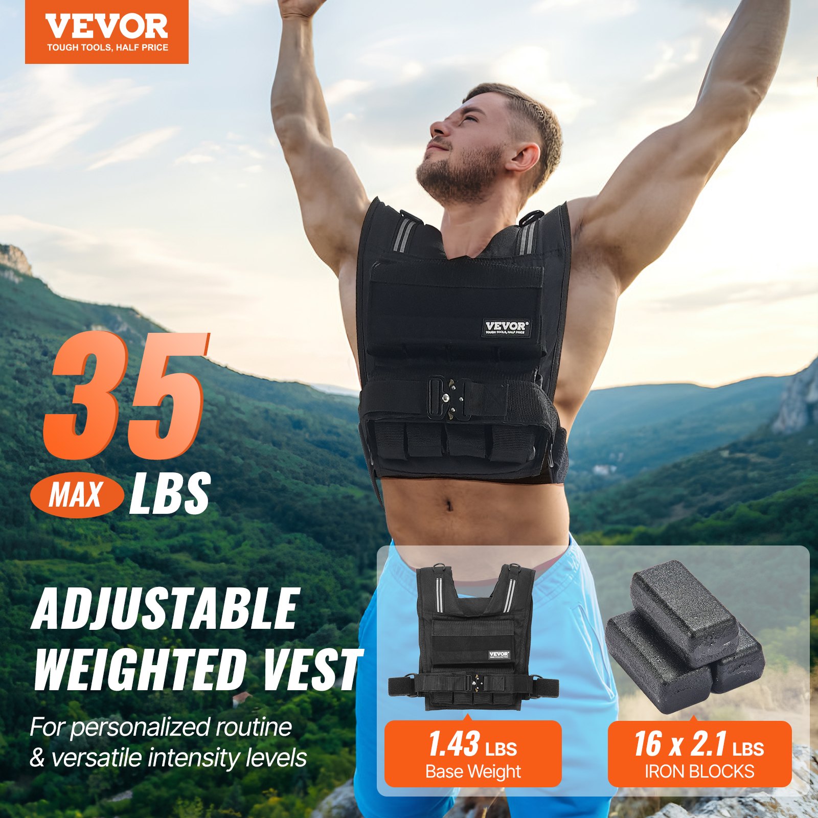 VEVOR Chaleco con Peso Ajustable de 15,85 kg con Pesas de Hierro, Hombreras y Franja Reflectante, Conjunto de Ejercicios con Chaleco con Peso Corporal para Hombres y Mujeres, Entrenamiento de Fuerza
