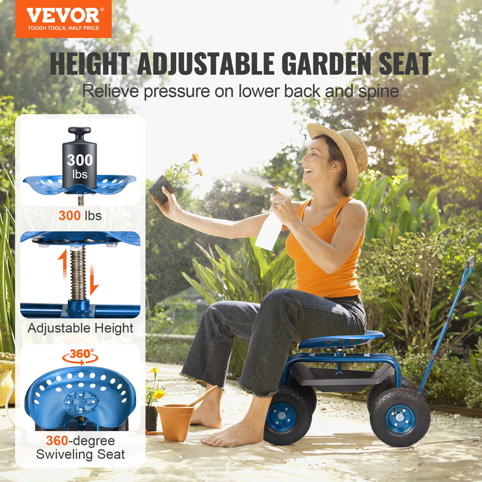 VEVOR Asiento de Jardín con Ruedas Taburete de Jardinería Giratorio de 360° con Ruedas Inflables Rueda de 25,4 cm 760x450x960 mm Mango Extensible Bandeja de Herramientas para Patio Exterior, Azul