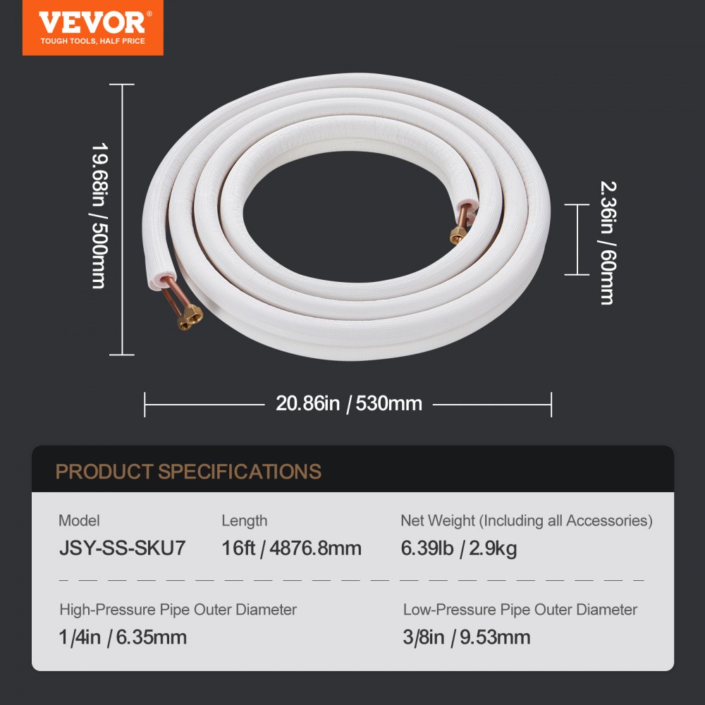 VEVOR Juego de mini líneas divididas de 4876,8 mm, tubos de cobre de 6,4 y 9,5 mm de diámetro exterior y aislamiento de triple capa, para equipos de aire acondicionado o bomba de calefacción y HVAC con accesorios ricos (cable de conexión de 18 pies)
