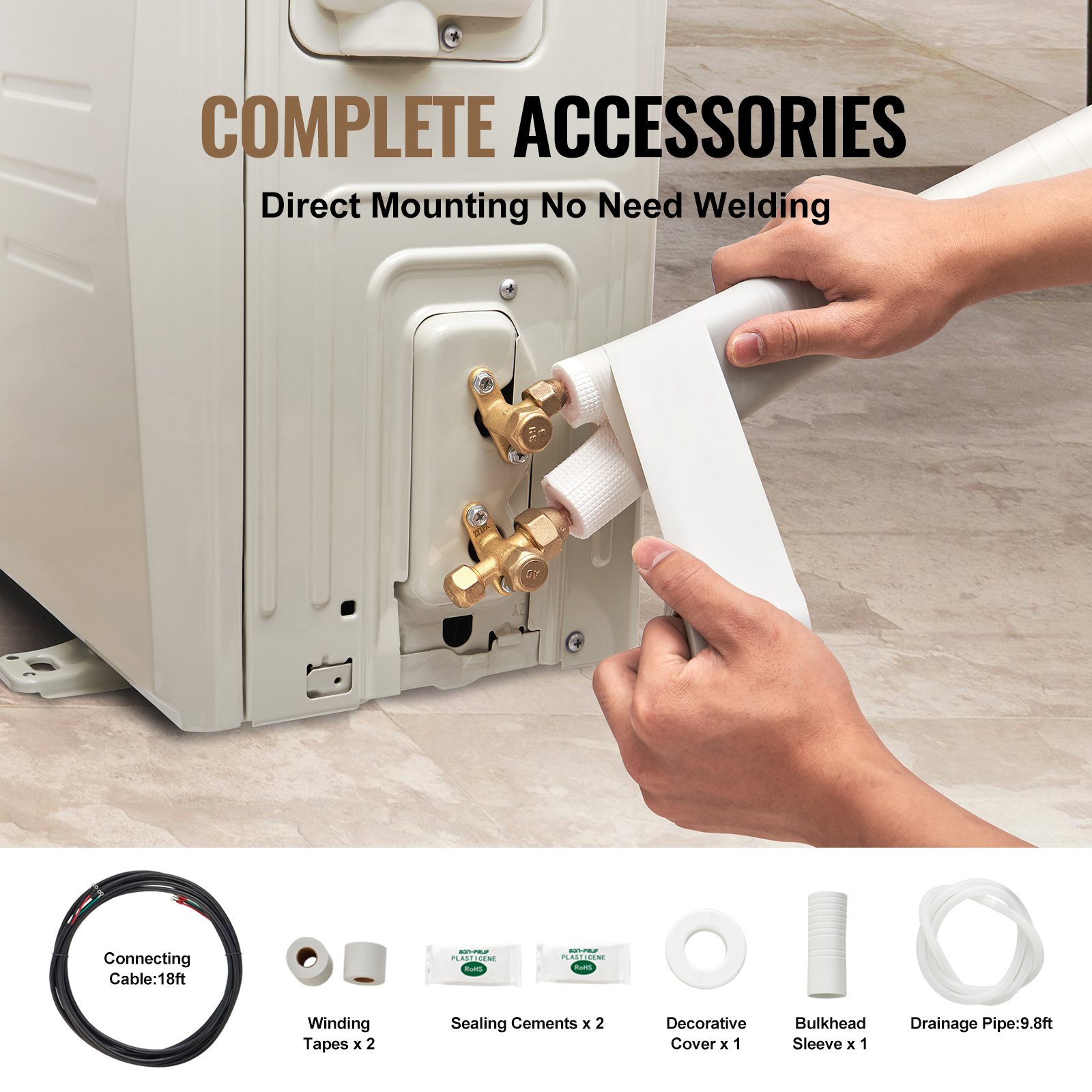VEVOR Juego de mini líneas divididas de 4876,8 mm, tubos de cobre de 6,4 y 9,5 mm de diámetro exterior y aislamiento de triple capa, para equipos de aire acondicionado o bomba de calefacción y HVAC con accesorios ricos (cable de conexión de 18 pies)