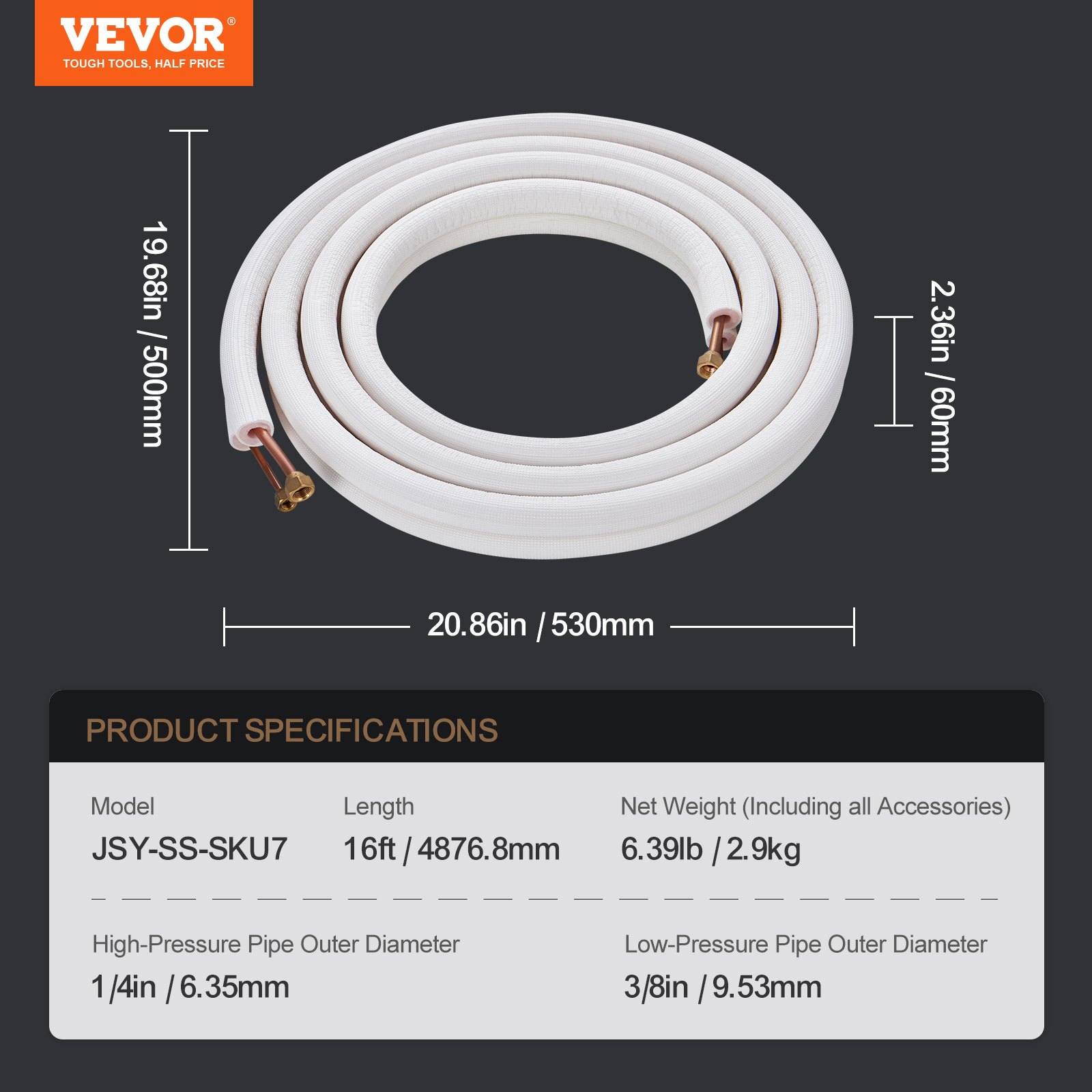 VEVOR Juego de mini líneas divididas de 4876,8 mm, tubos de cobre de 6,4 y 9,5 mm de diámetro exterior y aislamiento de triple capa, para equipos de aire acondicionado o bomba de calefacción y HVAC con accesorios ricos (cable de conexión de 18 pies)
