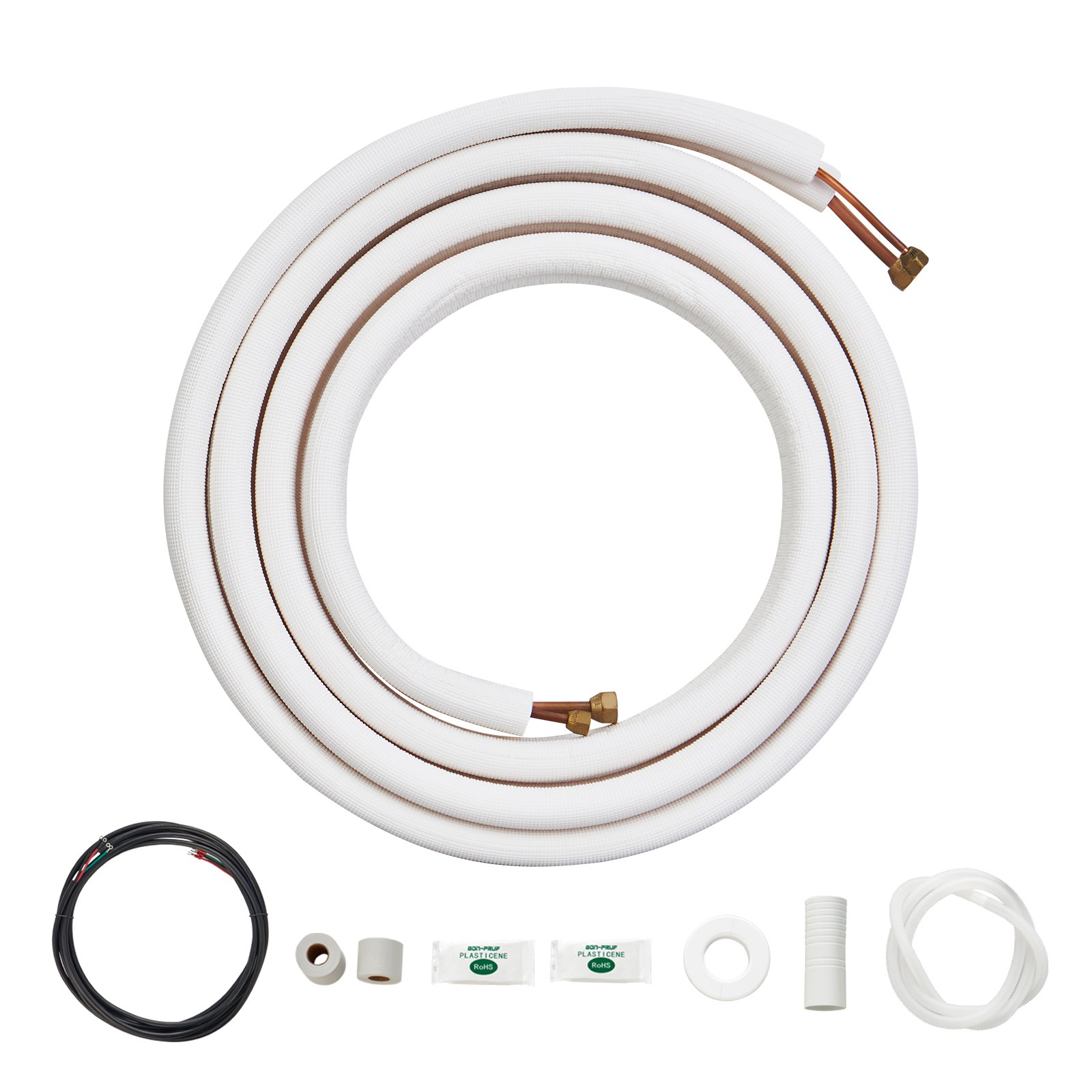 VEVOR Juego de mini líneas divididas de 4876,8 mm, tubos de cobre de 6,4 y 9,5 mm de diámetro exterior y aislamiento de triple capa, para equipos de aire acondicionado o bomba de calefacción y HVAC con accesorios ricos (cable de conexión de 18 pies)
