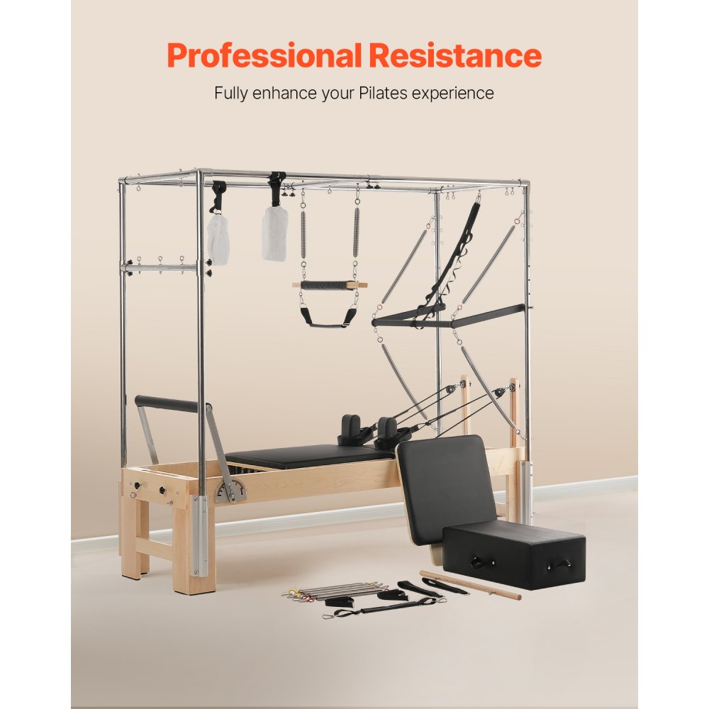 VEVOR Reformer Máquina de Pilates de Madera para Gimnasio en Casa Equipo de Entrenamiento de Fuerza con Doble Resistencia Caja Reformadora Tabla de Salto para Avanzados Principiantes 240x86x213 cm