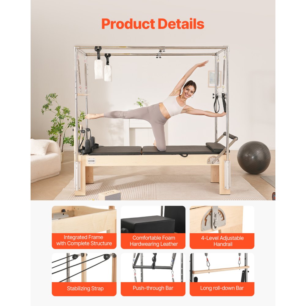 VEVOR Reformer Máquina de Pilates de Madera para Gimnasio en Casa Equipo de Entrenamiento de Fuerza con Doble Resistencia Caja Reformadora Tabla de Salto para Avanzados Principiantes 240x86x213 cm