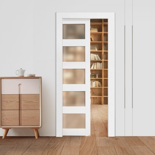 VEVOR Puerta Corrediza de Bolsillo, 2035 x 915 x 35 mm, Puerta Corrediza Simple con 5 Paneles de Vidrio Esmerilado, Kit de Herrajes, Madera Maciza Resistente y MDF, para Cocina, Oficina, Blanco