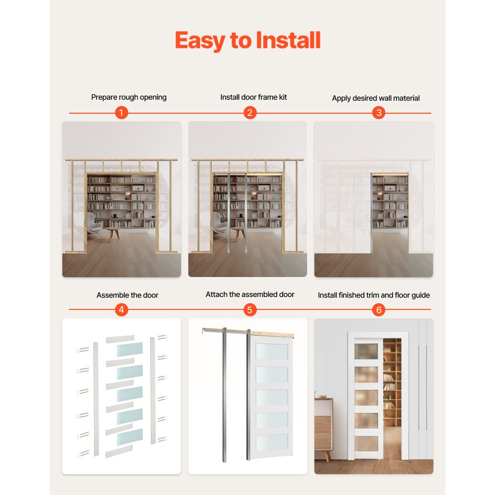 VEVOR Sliding Pocket Door, 915 x 2035 mm, 5-Lite Frosted Glass Single Sliding Door with Hardware Kit, Sturdy Solid Wood & MDF Pocket Doors Slab with Waterproof Surface for Bedroom Kitchen Study Room