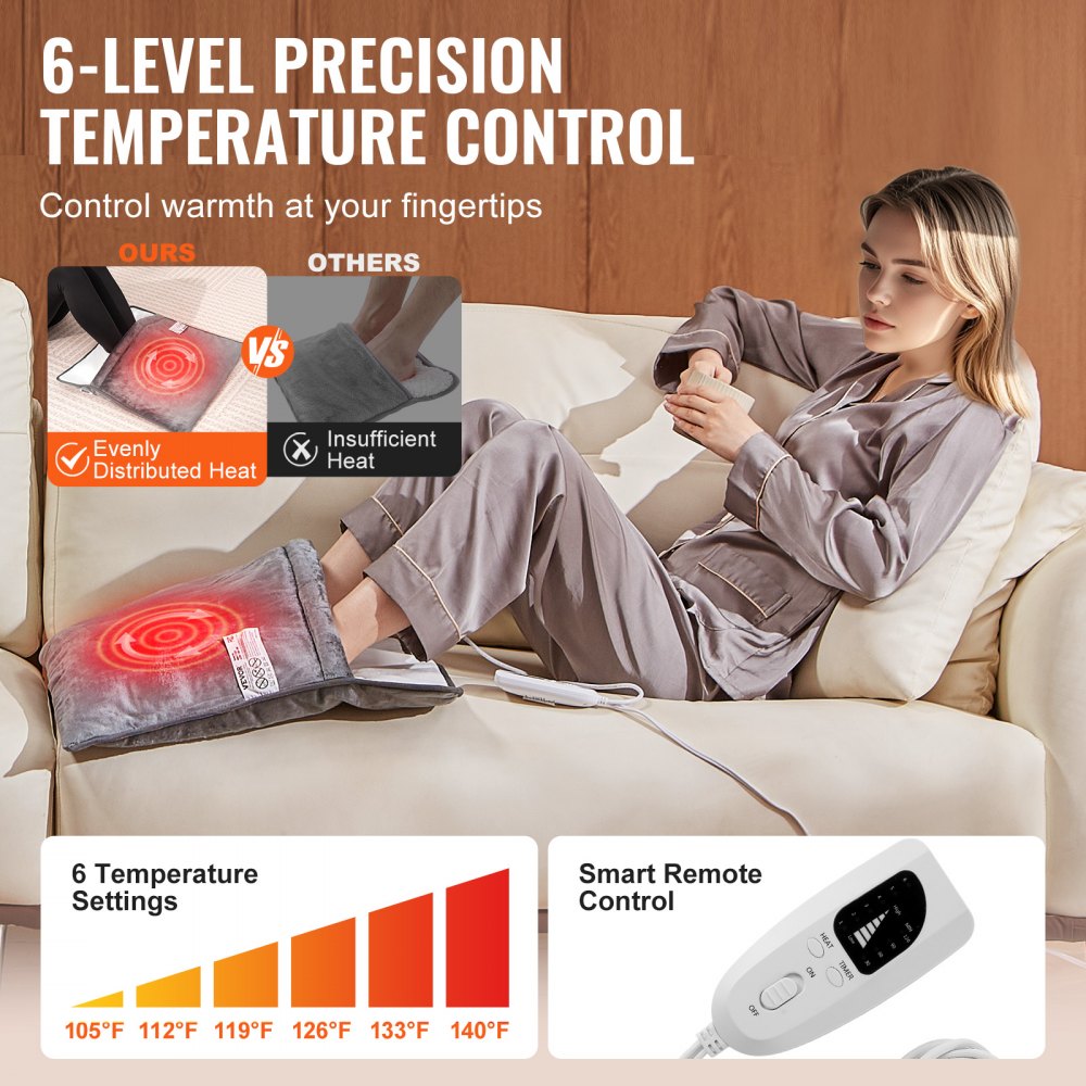 VEVOR Calentador de pies eléctrico con calefacción, almohadilla térmica de franela ultra suave con temporizador y 6 niveles de calor para cama, oficina, debajo del escritorio, calentador de pies grande de 21,5 x 19 pulgadas, lavable a máquina para espalda, cintura y abdomen