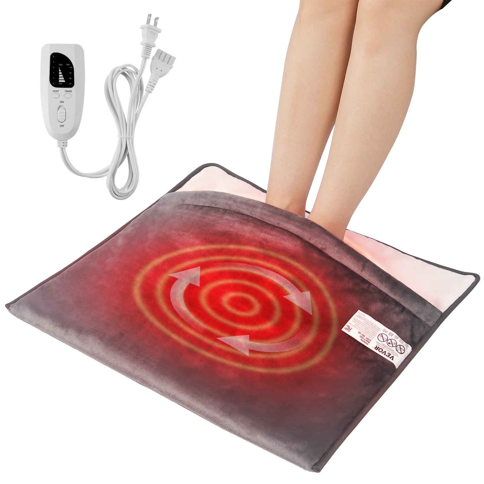 VEVOR Calentador de pies eléctrico con calefacción, almohadilla térmica de franela ultra suave con temporizador y 6 niveles de calor para cama, oficina, debajo del escritorio, calentador de pies grande de 21,5 x 19 pulgadas, lavable a máquina para espalda, cintura y abdomen