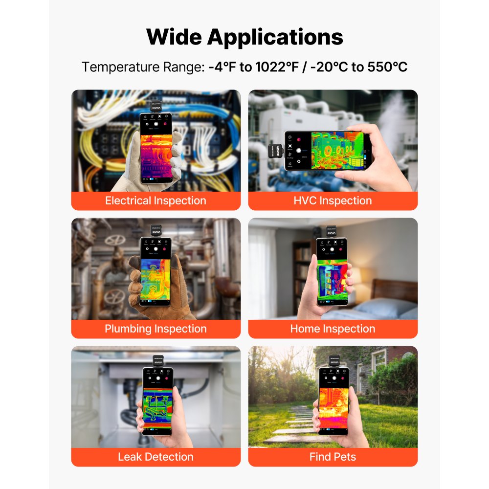 VEVOR Cámara Térmica para Android, Cámara Infrarroja, Termográfica, Rango -20 a 550 °C, Resolución IR 160 x 120, Superresolución 320 x 240 TISR, 25 Hz para Móvil Fontanería Inspección Eléctrica HVAC