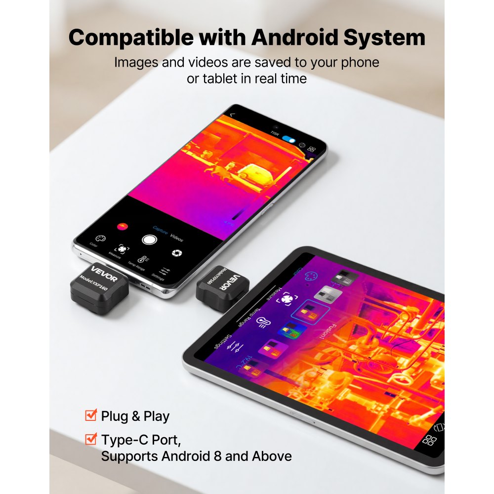 VEVOR Cámara Térmica para Android, Cámara Infrarroja, Termográfica, Rango -20 a 550 °C, Resolución IR 160 x 120, Superresolución 320 x 240 TISR, 25 Hz para Móvil Fontanería Inspección Eléctrica HVAC