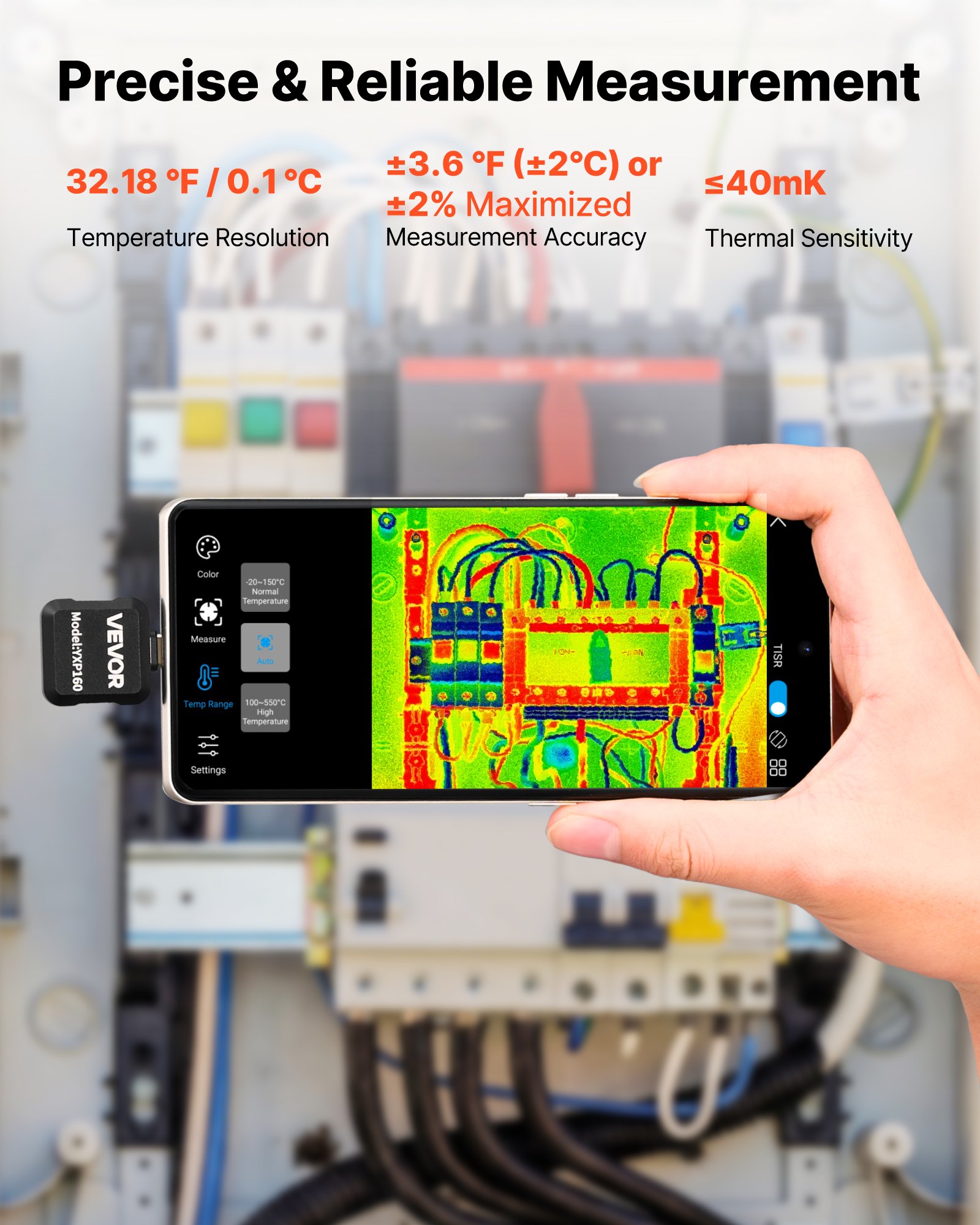 VEVOR Cámara Térmica para Android, Cámara Infrarroja, Termográfica, Rango -20 a 550 °C, Resolución IR 160 x 120, Superresolución 320 x 240 TISR, 25 Hz para Móvil Fontanería Inspección Eléctrica HVAC