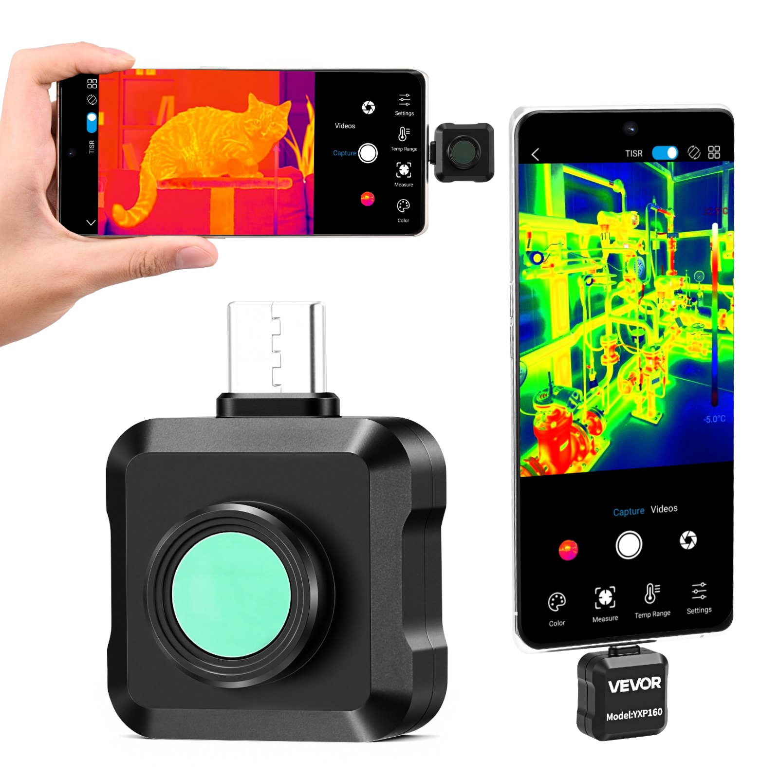 VEVOR Cámara Térmica para Android, Cámara Infrarroja, Termográfica, Rango -20 a 550 °C, Resolución IR 160 x 120, Superresolución 320 x 240 TISR, 25 Hz para Móvil Fontanería Inspección Eléctrica HVAC