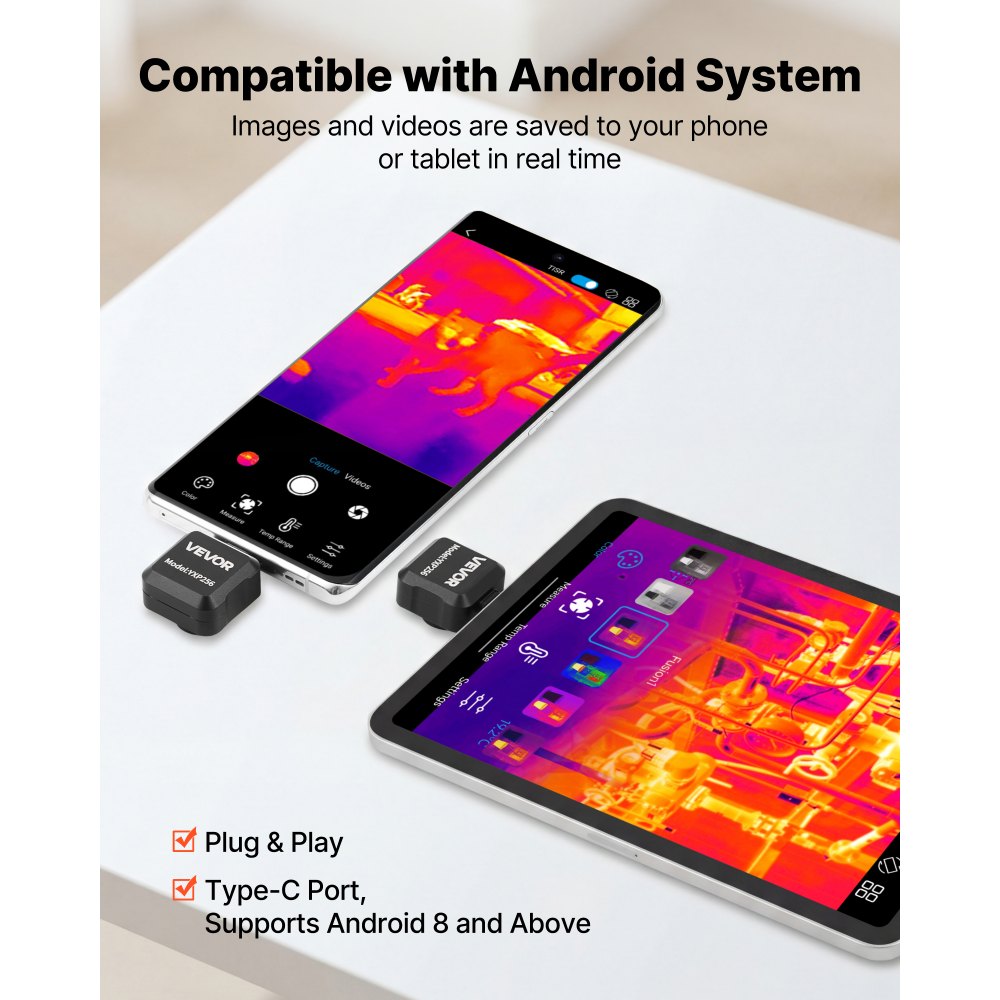 VEVOR Cámara Térmica para Android, Cámara Termográfica, Infrarroja, Resolución IR 256 x 192, Superresolución 512 x 384 TISR, 25 Hz, Rango -20 a 550 °C para HVAC Fontanería Inspección Eléctrica Móvil