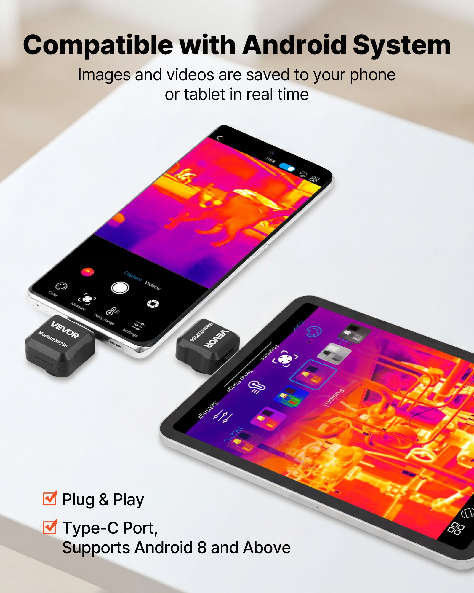VEVOR Thermal Imaging Camera for Android, 512 x 384 TISR Super Resolution, 25HZ Refresh Rate Infrared Thermal Imager for Smartphone Tablet, 256 x 192 IR Resolution, -20°C to 550°C & 15 Color Palettes