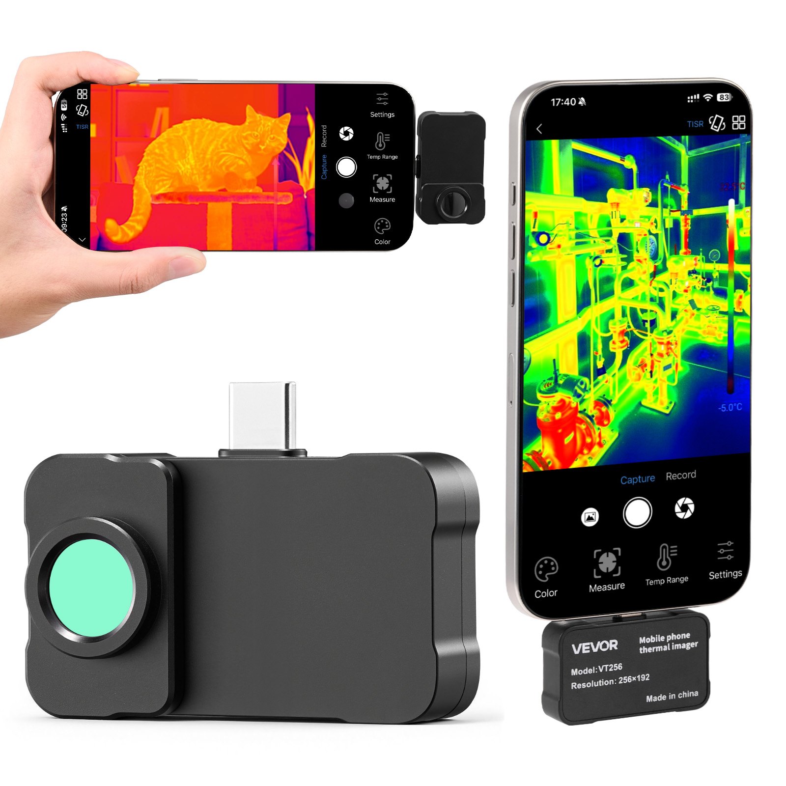 VEVOR Cámara Térmica para Android e iOS, Cámara Infrarroja con Lente Macro, Termográfica, Rango -20 a 550 °C, Resolución IR 256x192, Superresolución 512x384 TISR, 25 Hz para Móvil Inspección Eléctrica