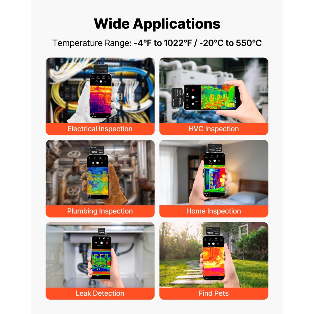 VEVOR Cámara Térmica para Android e iOS, Cámara Termográfica, Infrarroja, Resolución IR 256x192, Superresolución 512x384 TISR, Rango -20 a 550 °C, 25 Hz para Móvil Inspección Eléctrica HVAC Fontanería