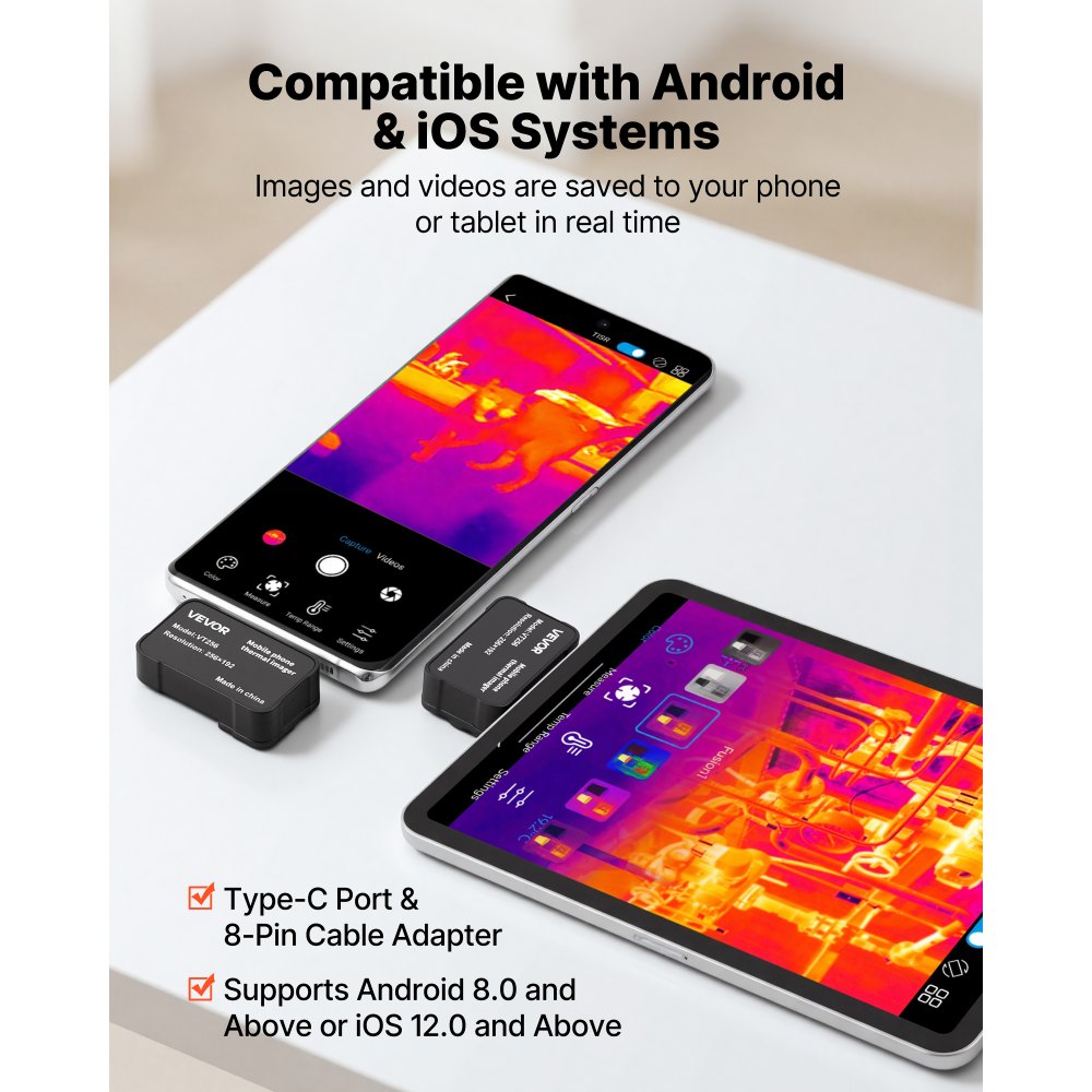 VEVOR Cámara Térmica para Android e iOS, Cámara Termográfica, Infrarroja, Resolución IR 256x192, Superresolución 512x384 TISR, Rango -20 a 550 °C, 25 Hz para Móvil Inspección Eléctrica HVAC Fontanería