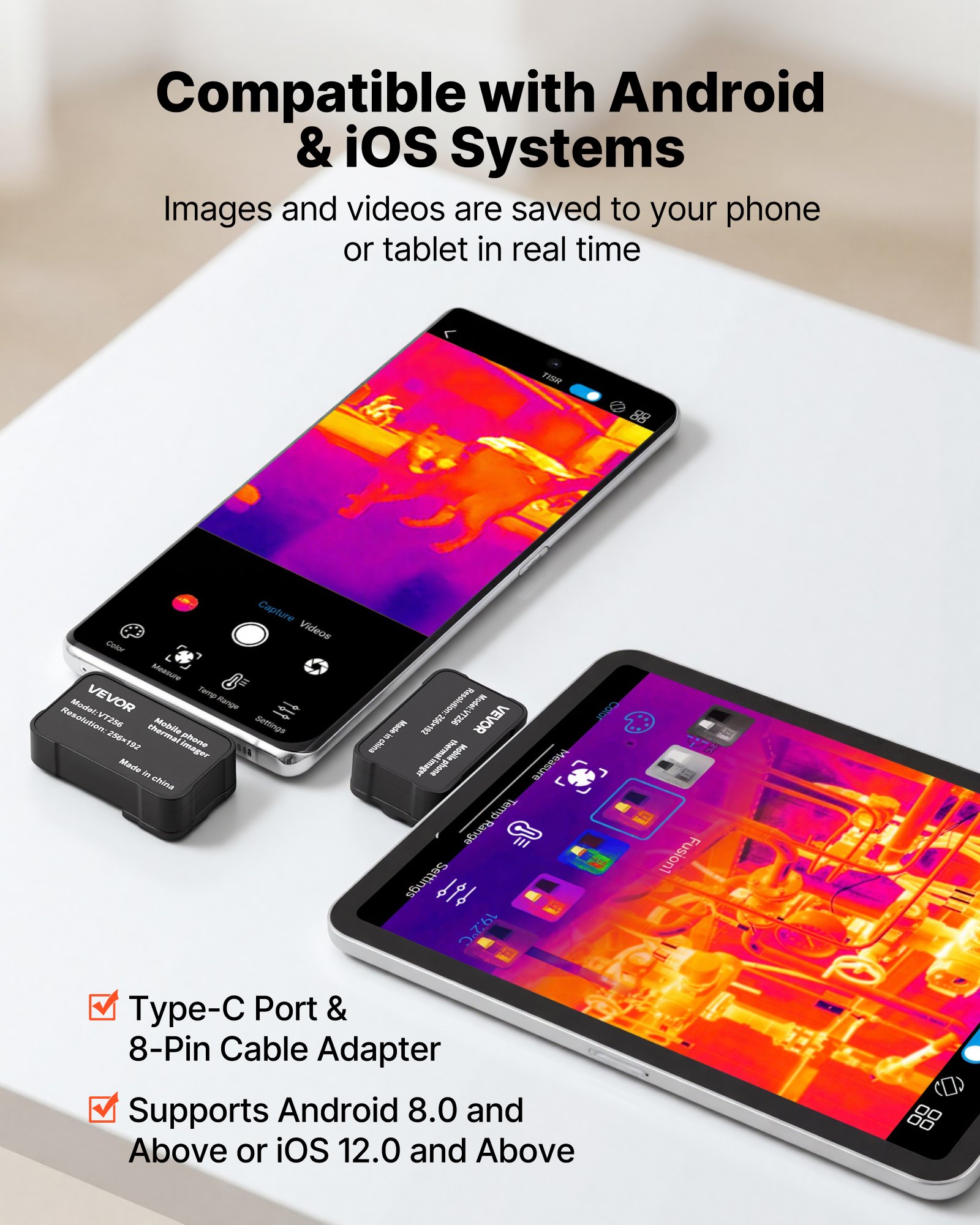 VEVOR Cámara Térmica para Android e iOS, Cámara Termográfica, Infrarroja, Resolución IR 256x192, Superresolución 512x384 TISR, Rango -20 a 550 °C, 25 Hz para Móvil Inspección Eléctrica HVAC Fontanería