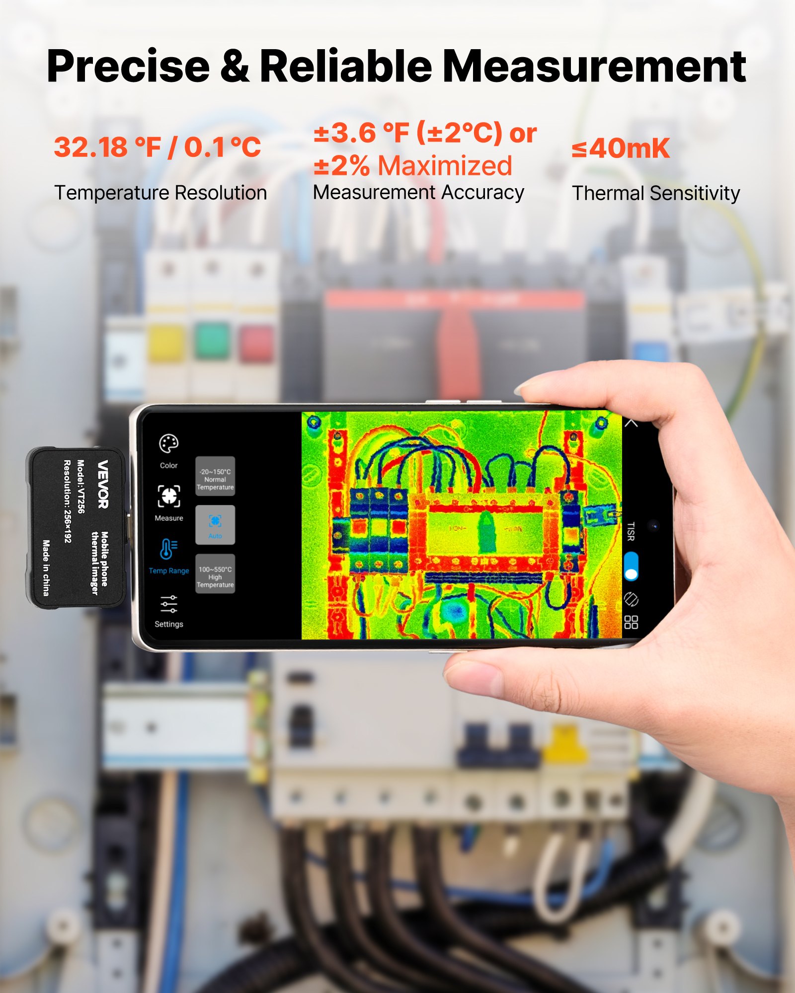 VEVOR Cámara Térmica para Android e iOS, Cámara Termográfica, Infrarroja, Resolución IR 256x192, Superresolución 512x384 TISR, Rango -20 a 550 °C, 25 Hz para Móvil Inspección Eléctrica HVAC Fontanería