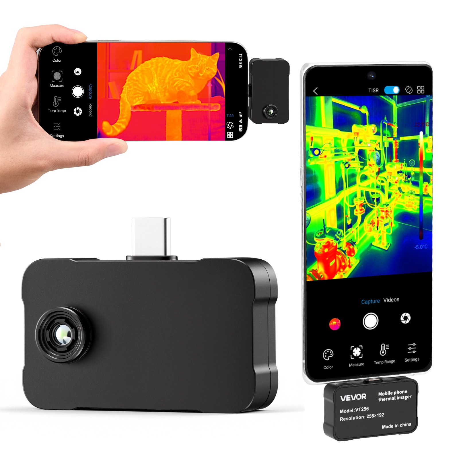 VEVOR Cámara Térmica para Android e iOS, Cámara Termográfica, Infrarroja, Resolución IR 256x192, Superresolución 512x384 TISR, Rango -20 a 550 °C, 25 Hz para Móvil Inspección Eléctrica HVAC Fontanería