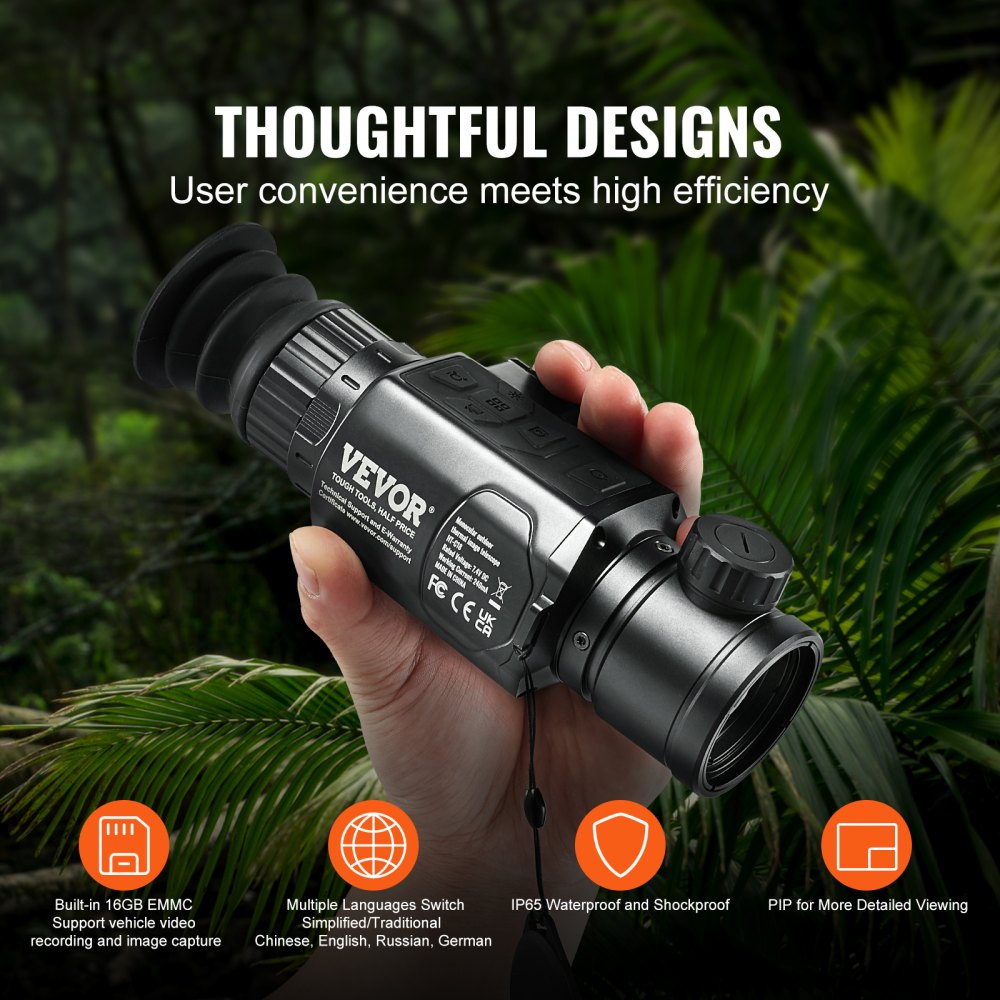 VEVOR Monocular Thermal Imaging Camera, 384 x 288 Resolution, IP54 Waterproof Camera with 1X-8X Zoom, 10 mm OLED Display, 1400 mAh High-Performance Battery for Outdoor Use