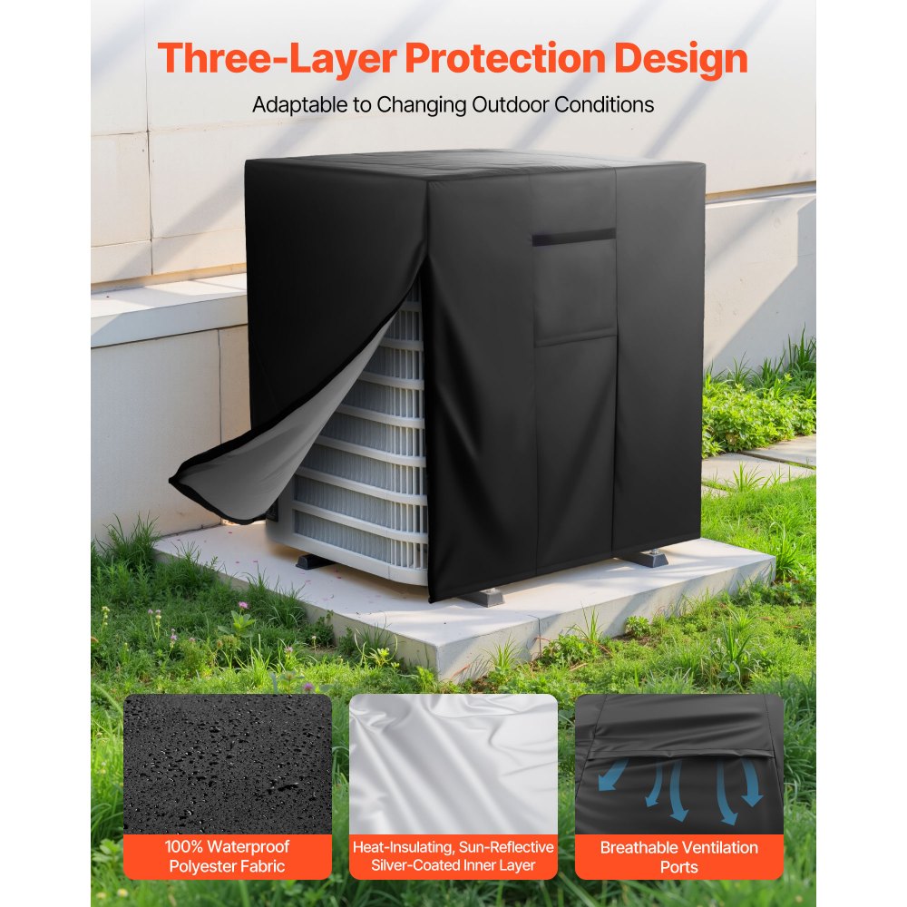 VEVOR Funda Protectora para Aire Acondicionado, 762 x 762 x 810 mm, Tejido de Poliéster Impermeable de Tres Capas, con Clips de Resorte, Tamaño Universal para Uso en Exteriores, Negro, 4 Lados