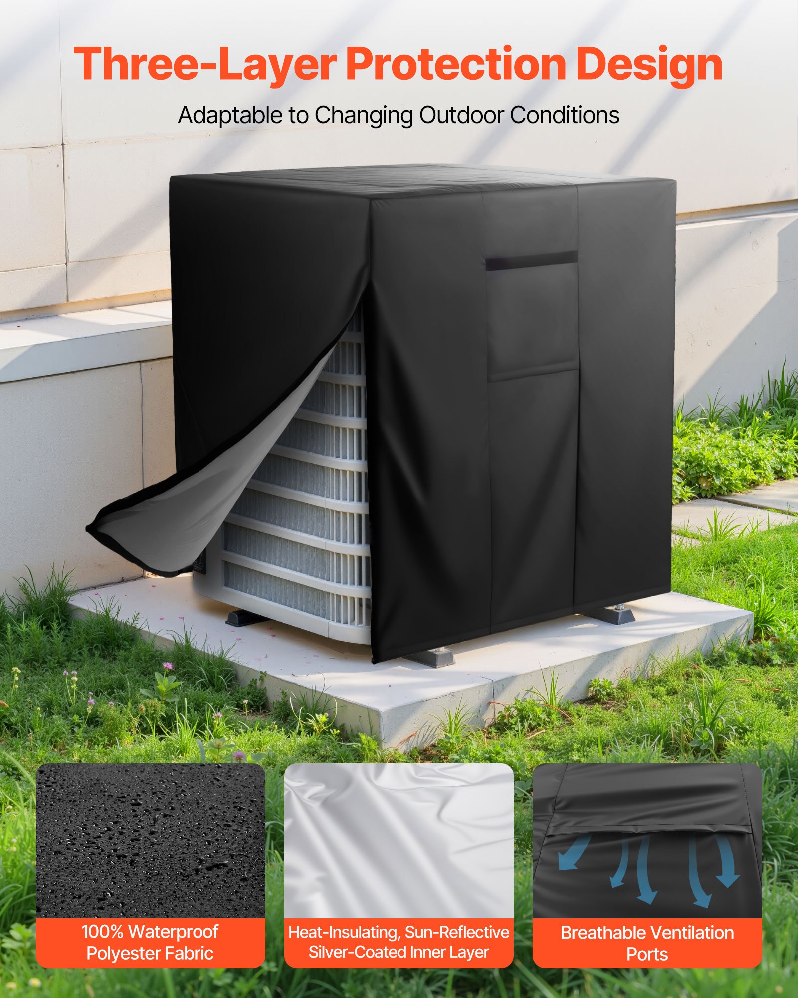 VEVOR Funda Protectora para Aire Acondicionado, 762 x 762 x 810 mm, Tejido de Poliéster Impermeable de Tres Capas, con Clips de Resorte, Tamaño Universal para Uso en Exteriores, Negro, 4 Lados